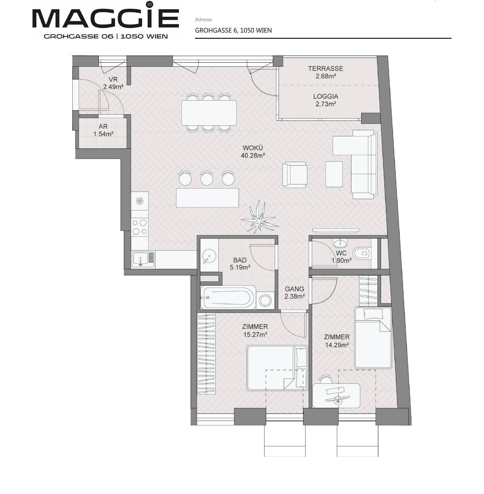 Grundriss einer Wohnung mit zwei Zimmern, Bad, WC, offener Wohnküche und Terrasse sowie Loggia.