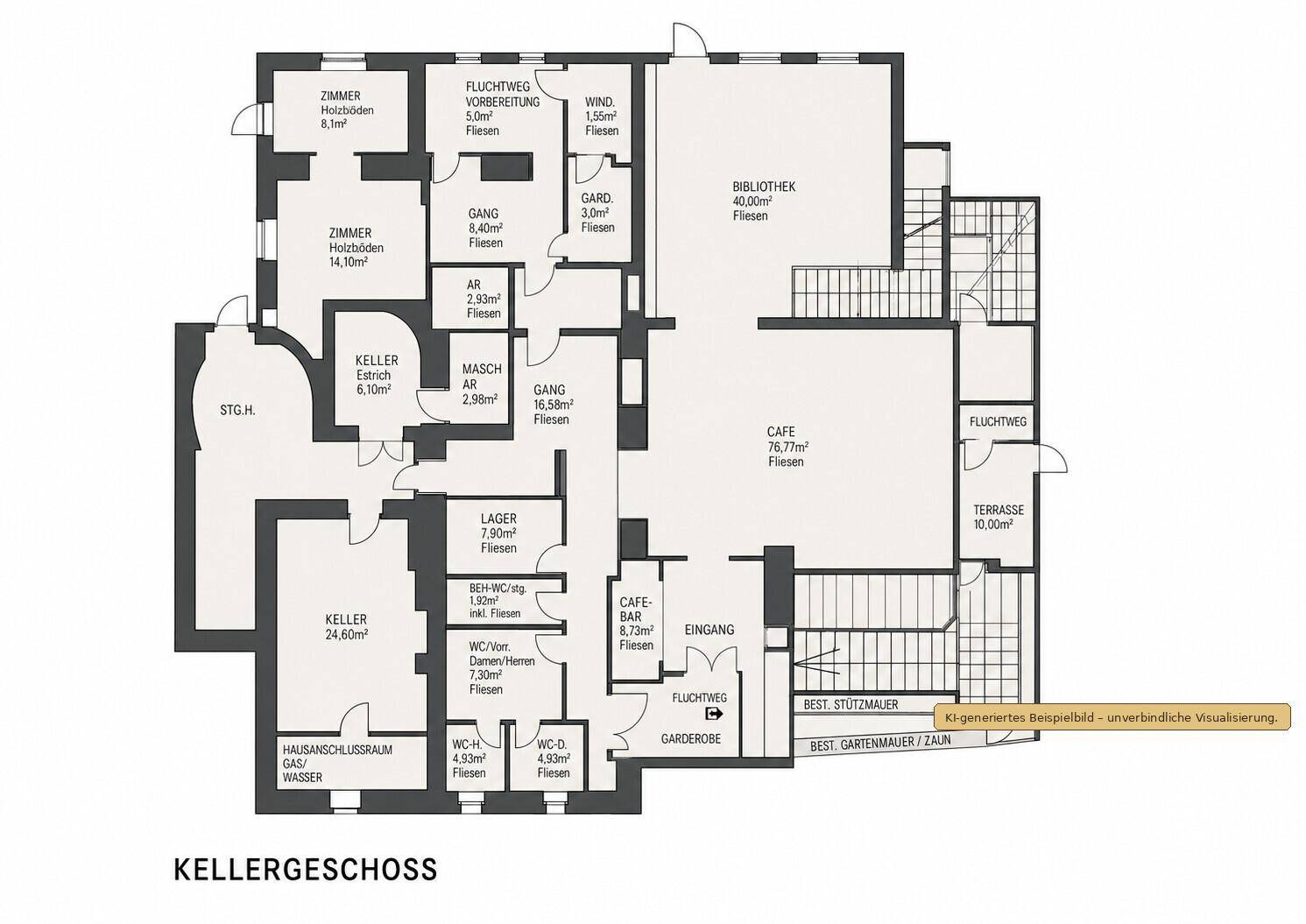 Grundriss des Kellergeschosses mit verschiedenen Räumen, Lagerflächen und Sanitärbereichen.