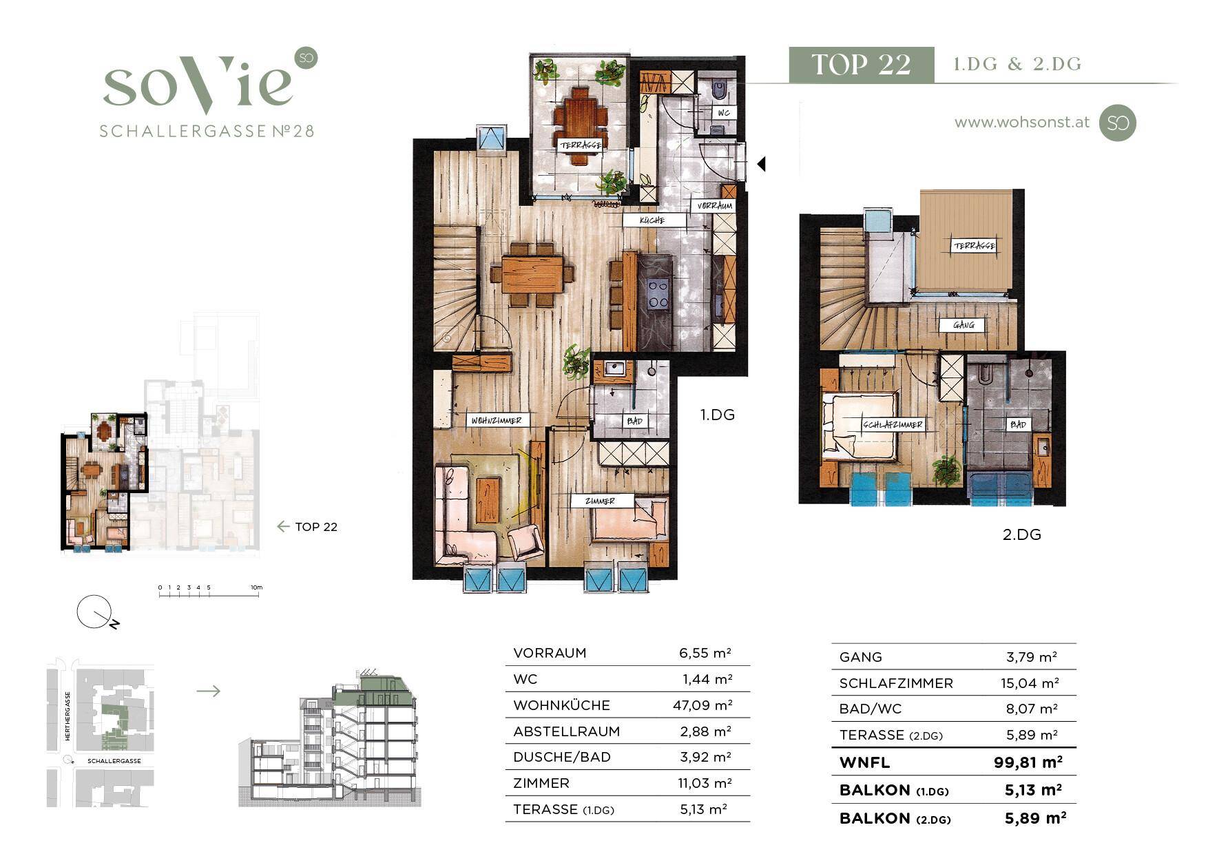 Detaillierter Grundriss einer Maisonette-Wohnung mit zwei Ebenen, Terrassen und Balkonen.