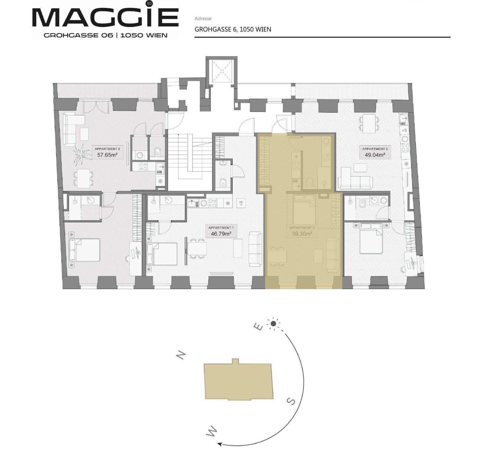 Grundriss einer Etage mit mehreren Wohnungen, Treppenhaus und Aufzug.