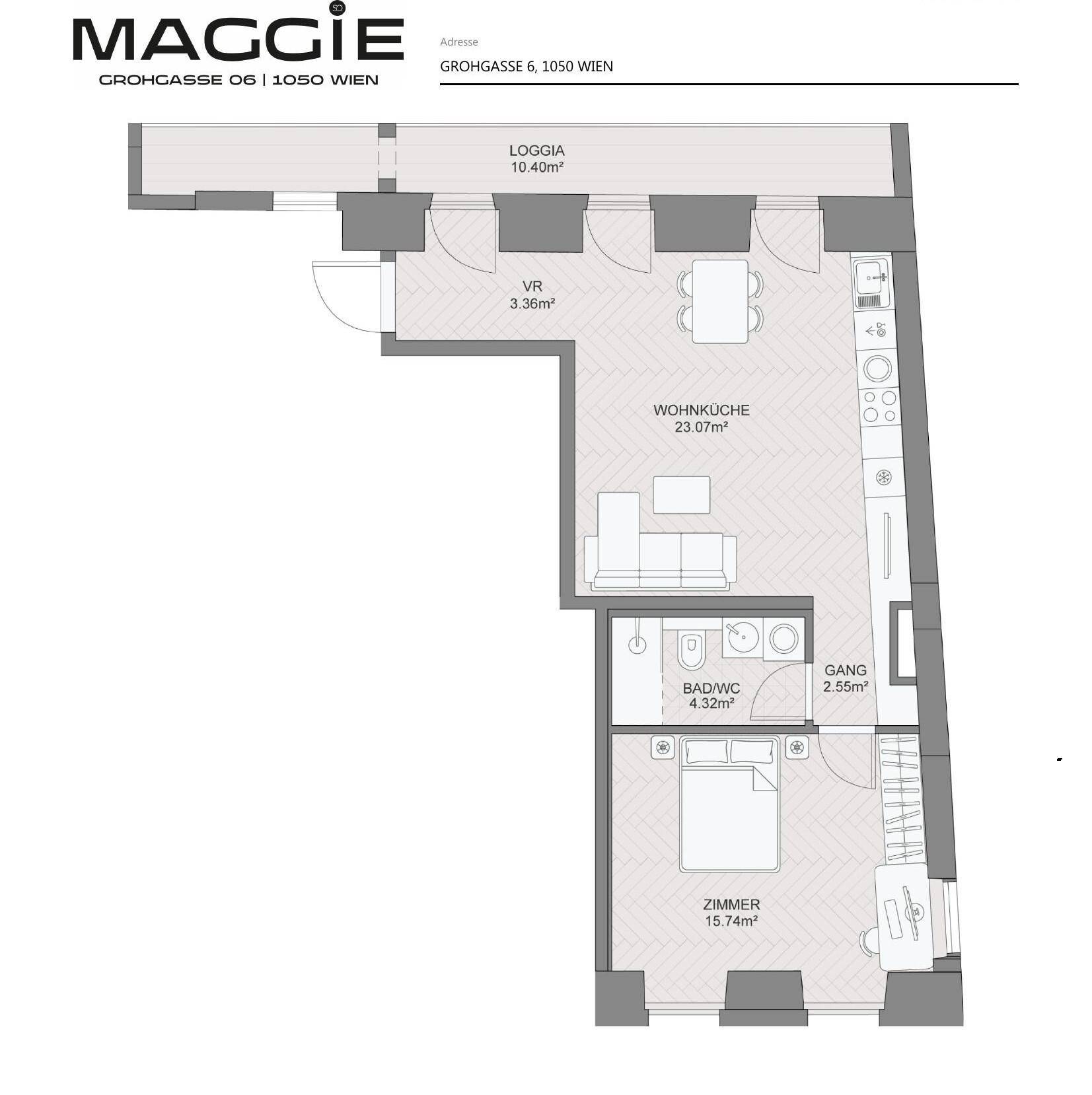 Grundriss einer Wohnung mit offener Wohnküche, Schlafzimmer, Bad und Loggia.