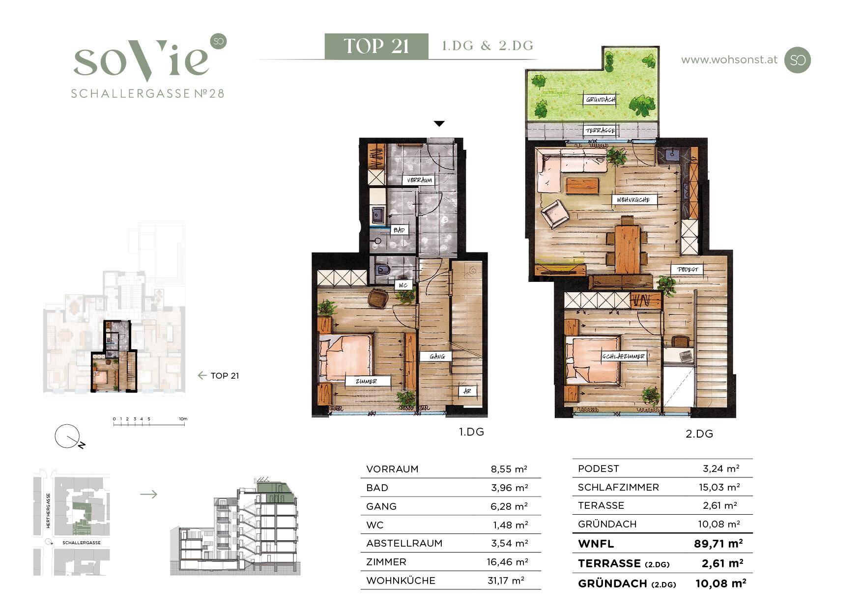 Detaillierter Grundriss der Wohnung Top 21 über zwei Etagen mit Terrasse und Gründach.