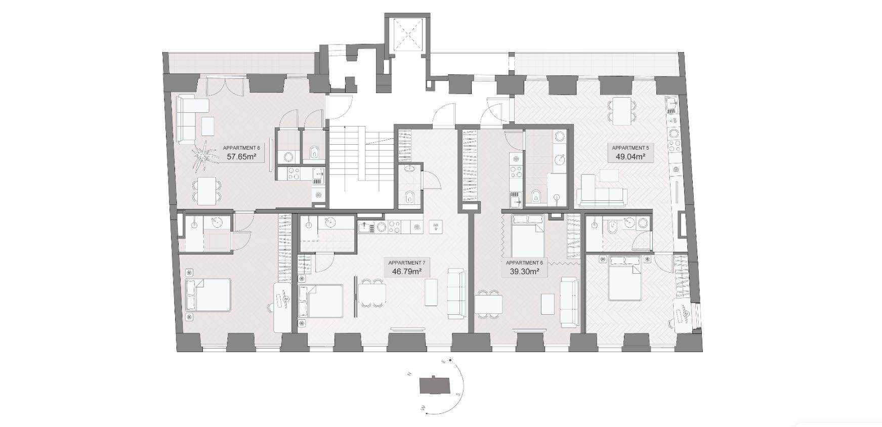 Grundrissplan einer Etage mit mehreren Wohnungen und Treppenhaus.