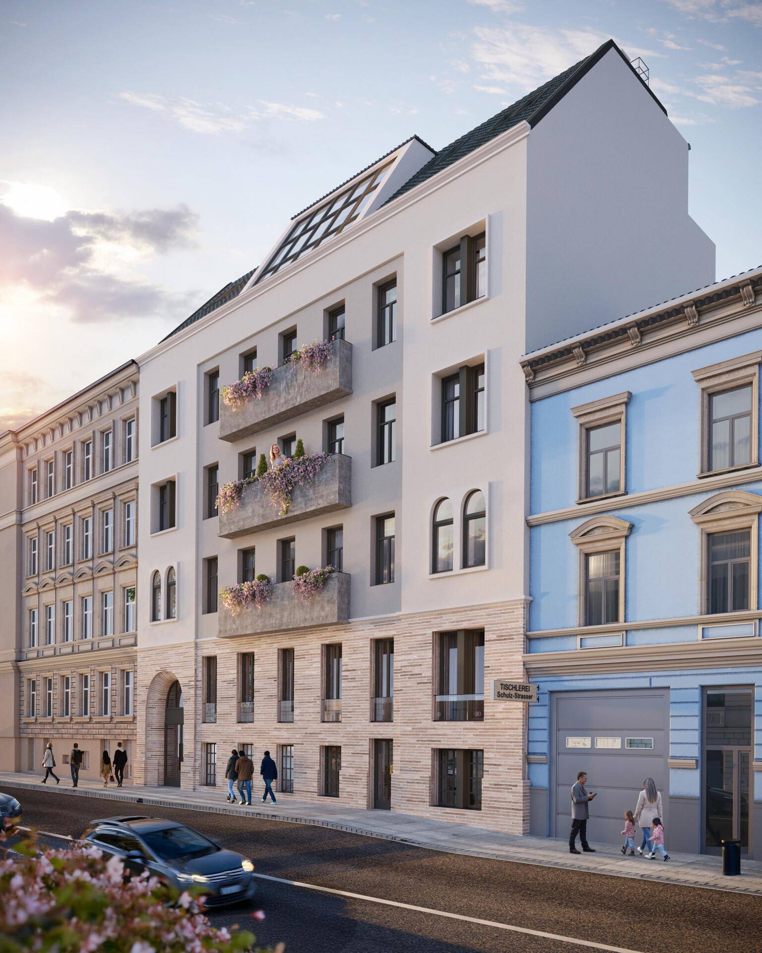 Architektonische Visualisierung der modernen Gebäudefassade mit Balkonen und Dachfenstern.