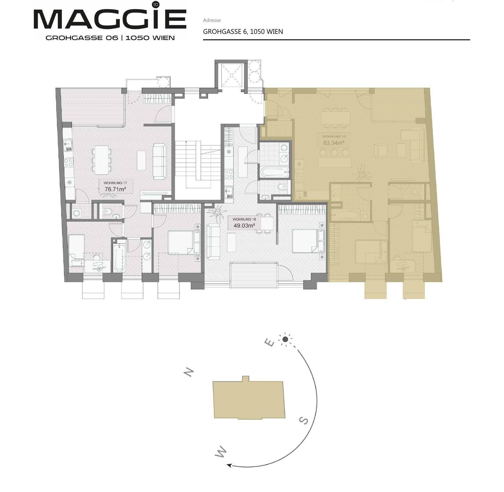 Gesamtgrundriss einer Etage mit mehreren Wohneinheiten und Ausrichtung nach Himmelsrichtungen.