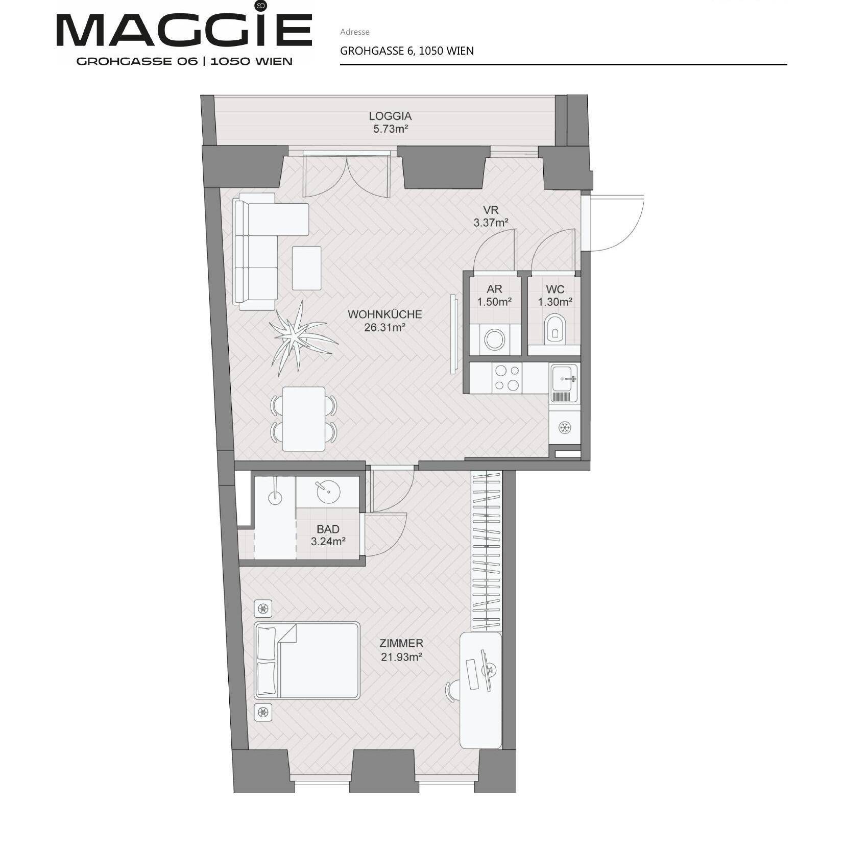 Grundriss einer Wohnung mit offenem Wohn-Essbereich, Schlafzimmer, Bad und Loggia.