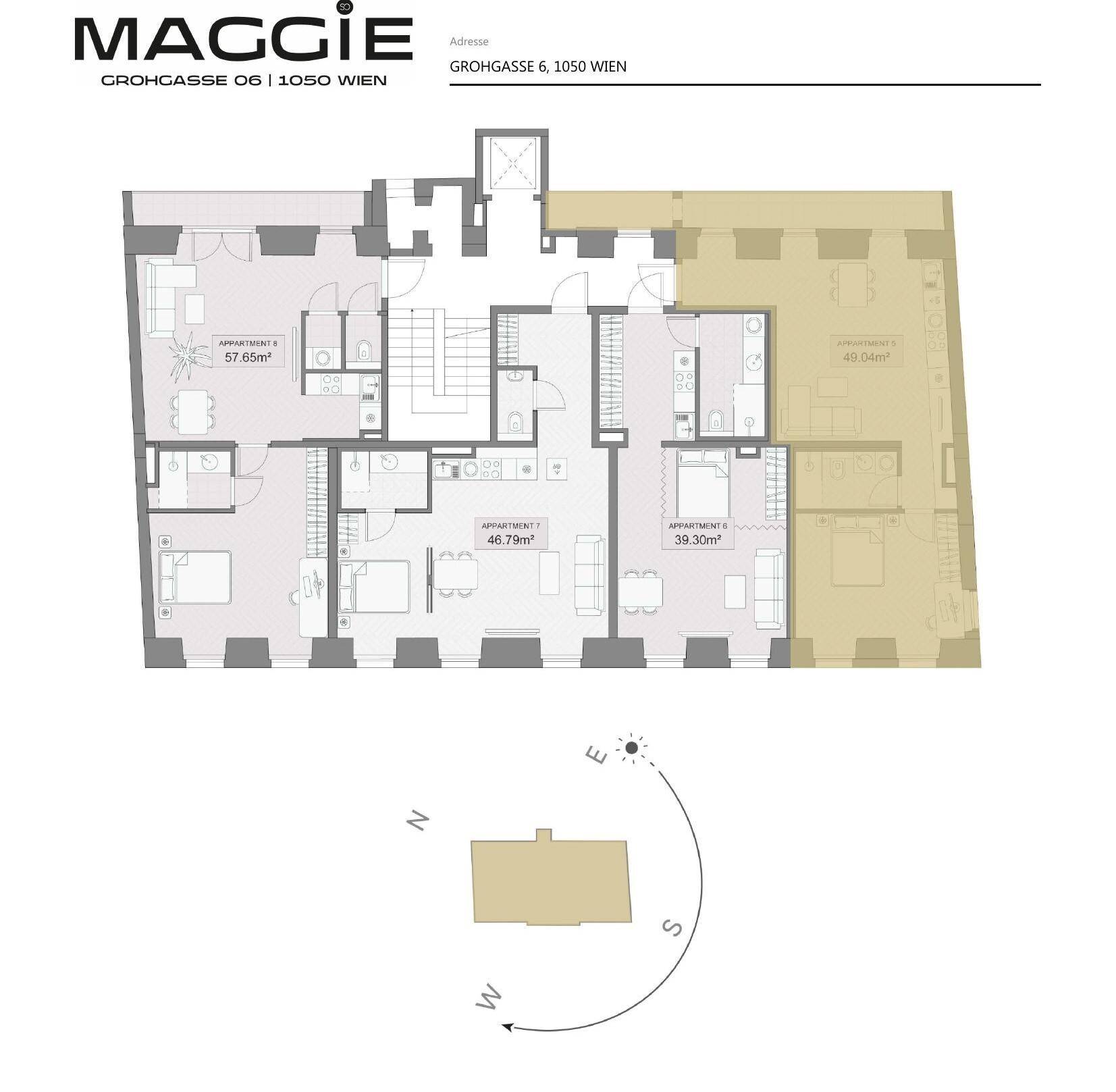 Grundriss einer Etage mit mehreren Wohnungen und Himmelsrichtungsanzeige.