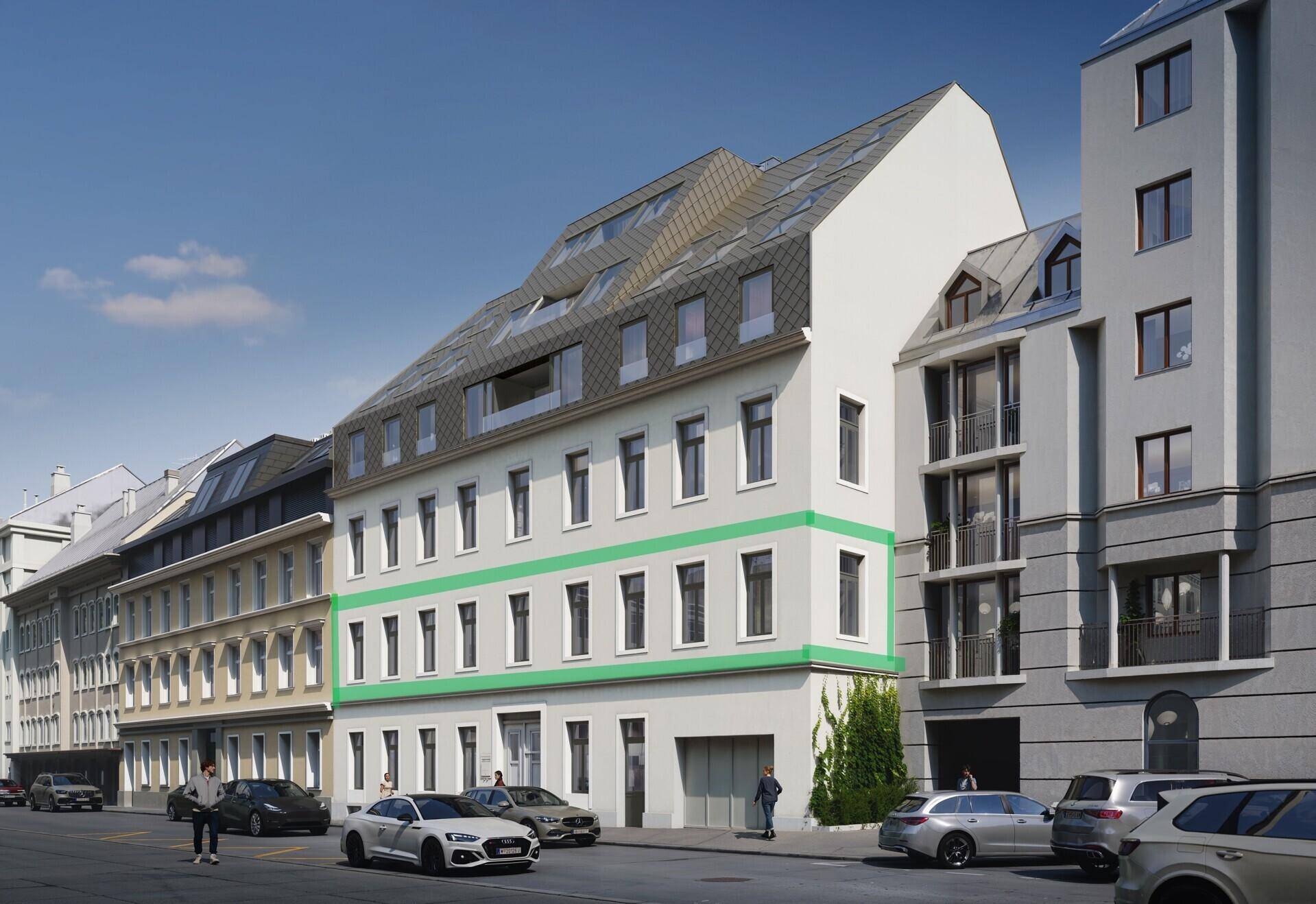 Straßenansicht eines sanierten Gebäudes mit hervorgehobener Fassade und modernen Fenstern.