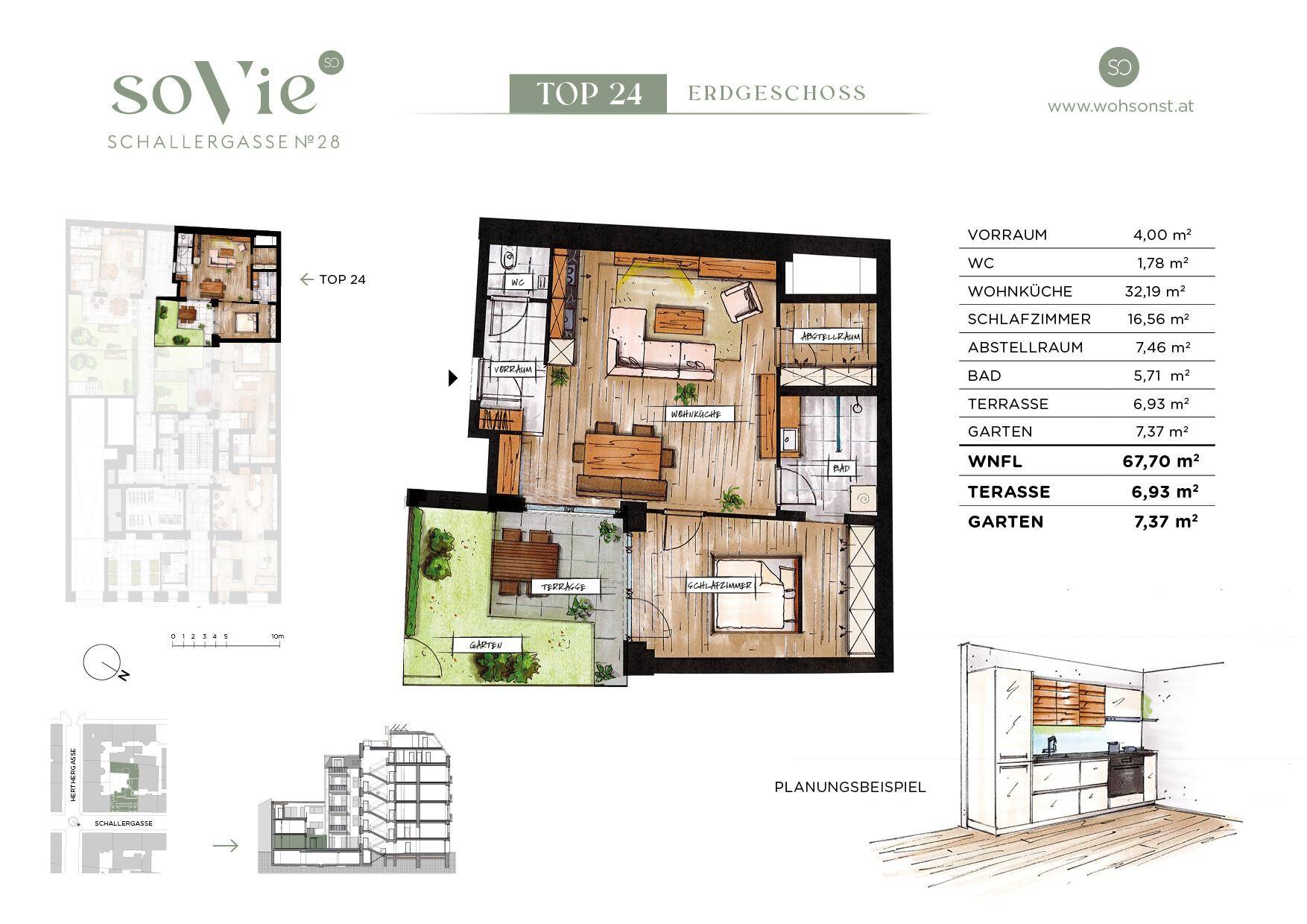 Detaillierter Grundriss einer Erdgeschosswohnung mit Terrasse und Gartenanteil.