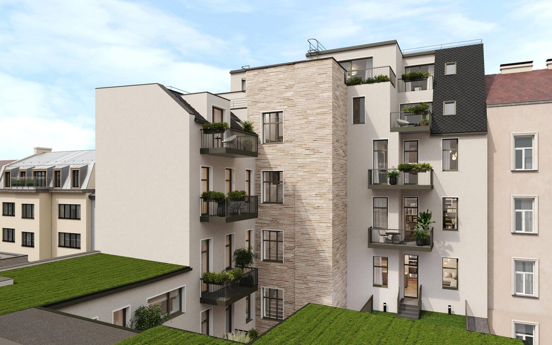 Rückansicht des Gebäudes mit mehreren Balkonen, begrünten Dächern und moderner Architektur.