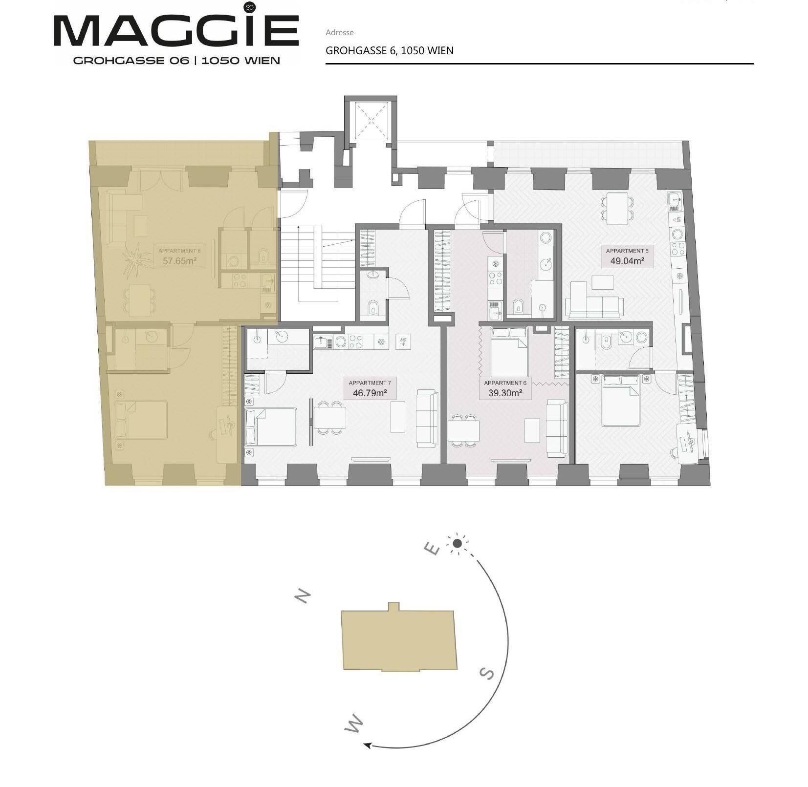 Grundriss einer Etage mit mehreren Wohnungen und einer Himmelsrichtungsanzeige.