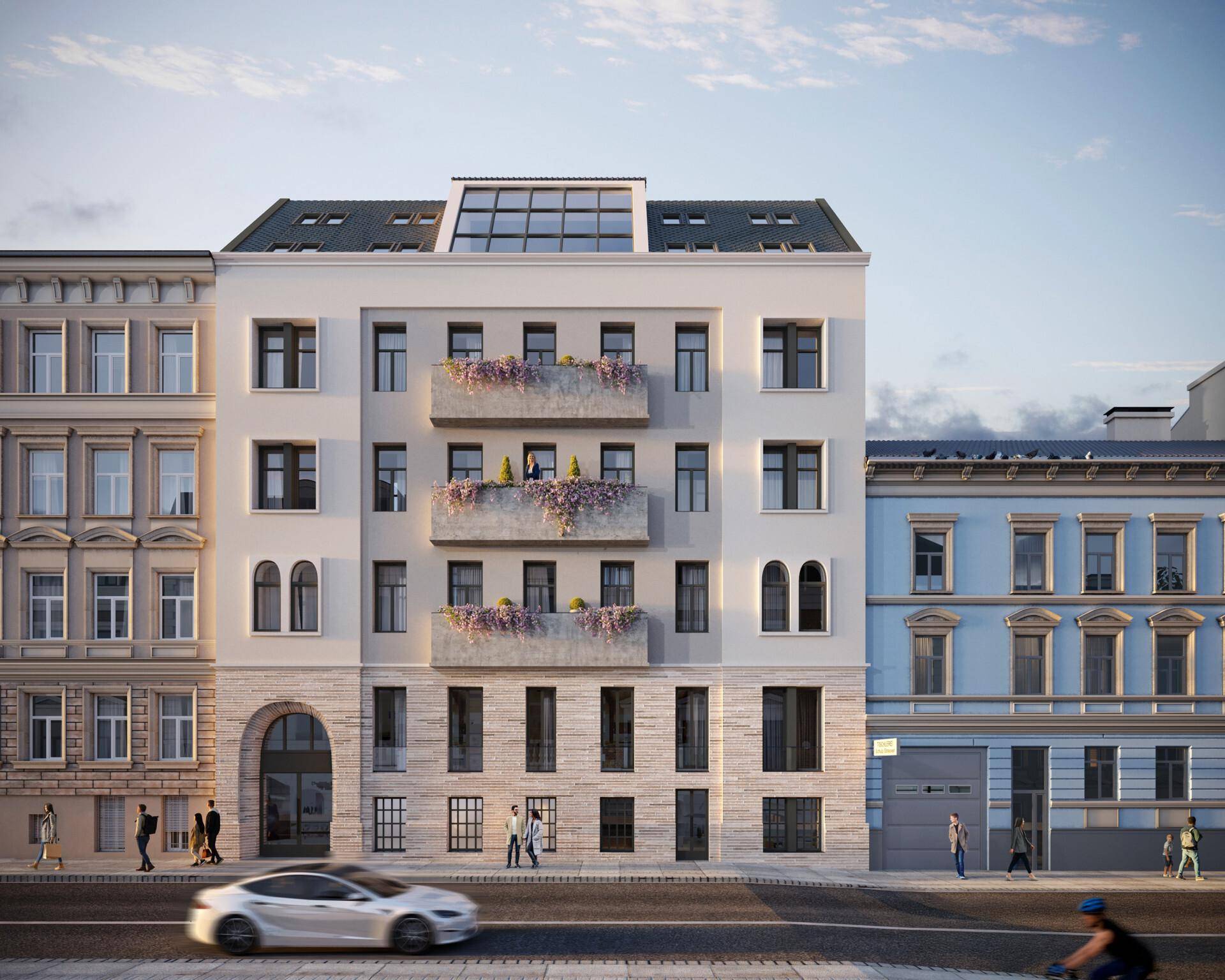 Moderne Gebäudefassade mit Balkonen und Blumenkästen an einer belebten Straße.