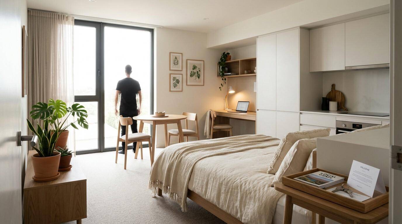 Helles Studio-Apartment mit großem Fenster, integrierter Küchenzeile und modernem Design.