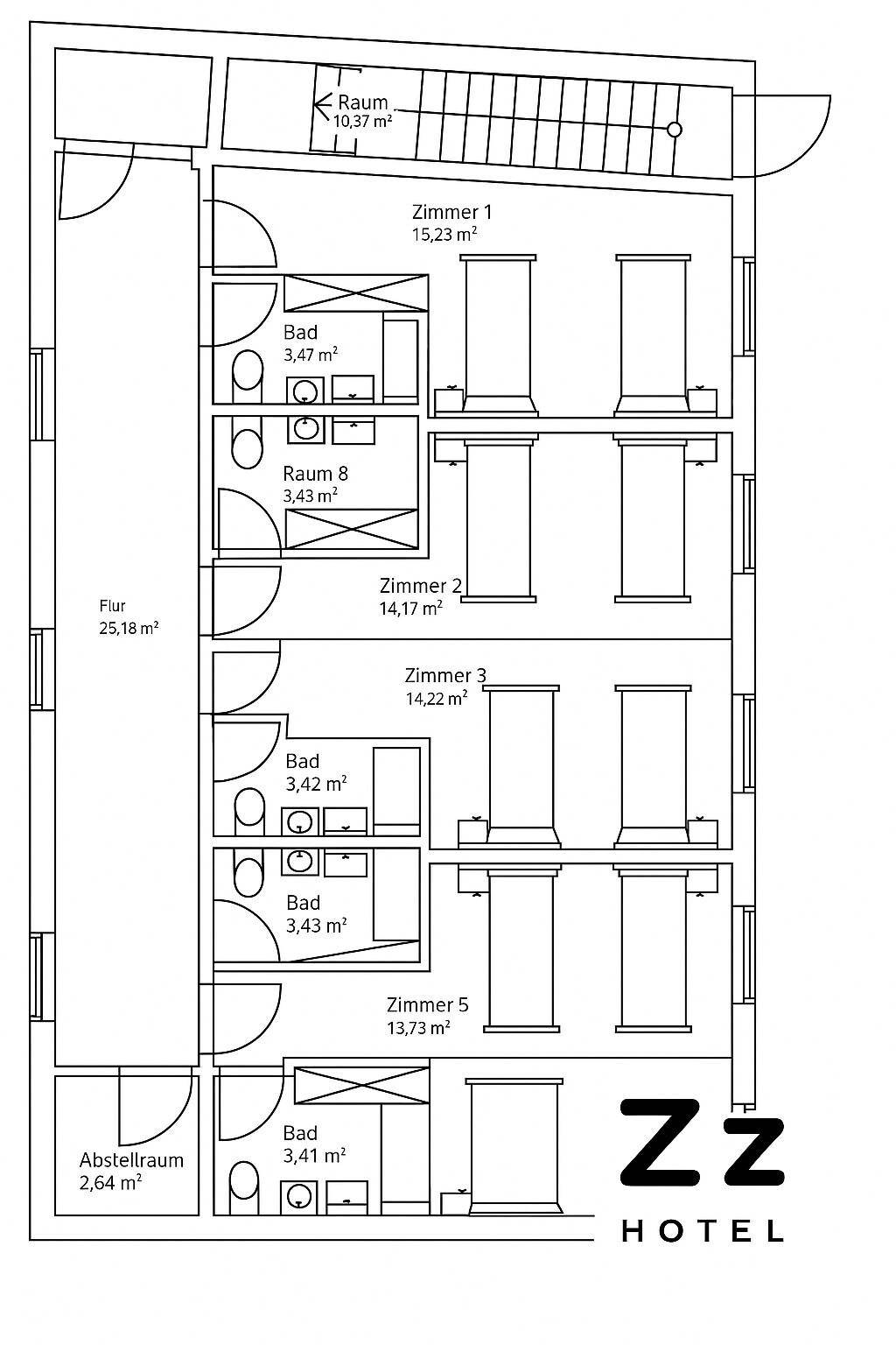 Grundriss des Obergeschosses mit mehreren Hotelzimmern, Bädern und einem Flur, inklusive Flächenangaben.