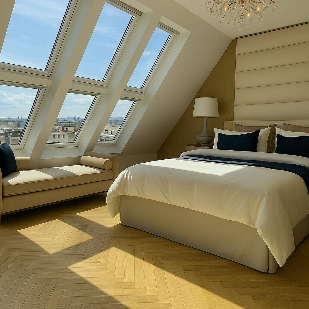 Helles Schlafzimmer mit Dachschrägen, großen Fenstern und Holzboden, bietet einen weiten Stadtblick.