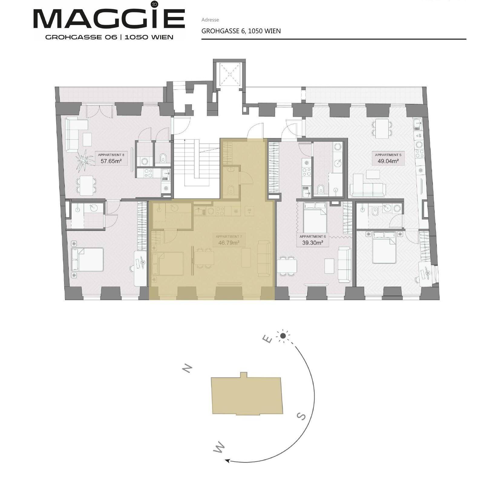 Gesamtgrundriss einer Etage mit mehreren Wohnungen und Treppenhaus.