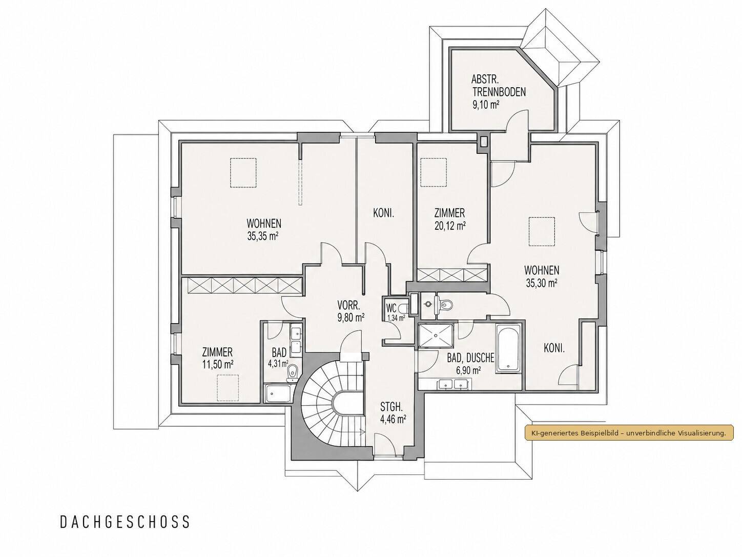 Grundriss des Dachgeschosses mit Wohnbereichen, Zimmern, Bädern und Dachschrägen.
