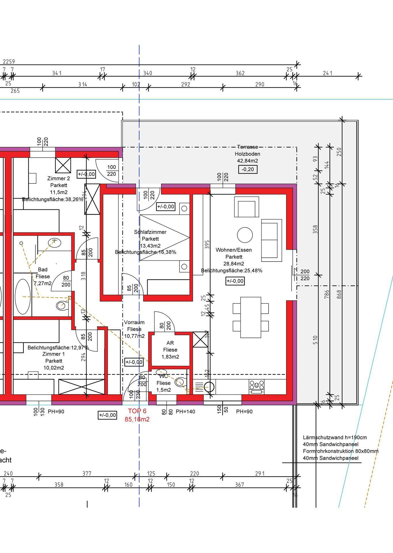 Detaillierter Grundriss einer Wohnung mit Wohn-/Essbereich, Schlafzimmern und Terrasse.