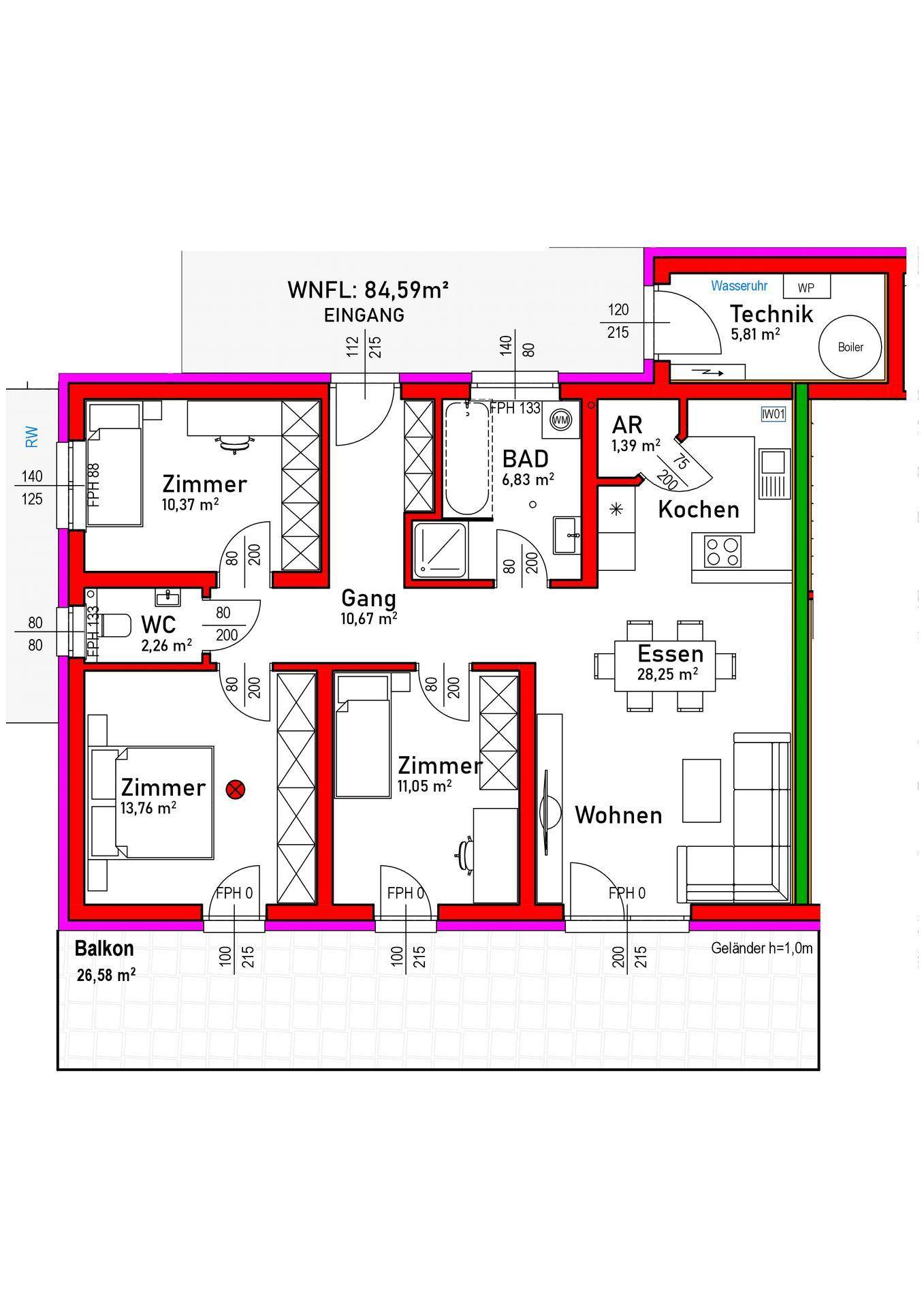 Grundriss einer Wohnung mit drei Zimmern, offenem Wohnbereich und Balkon.