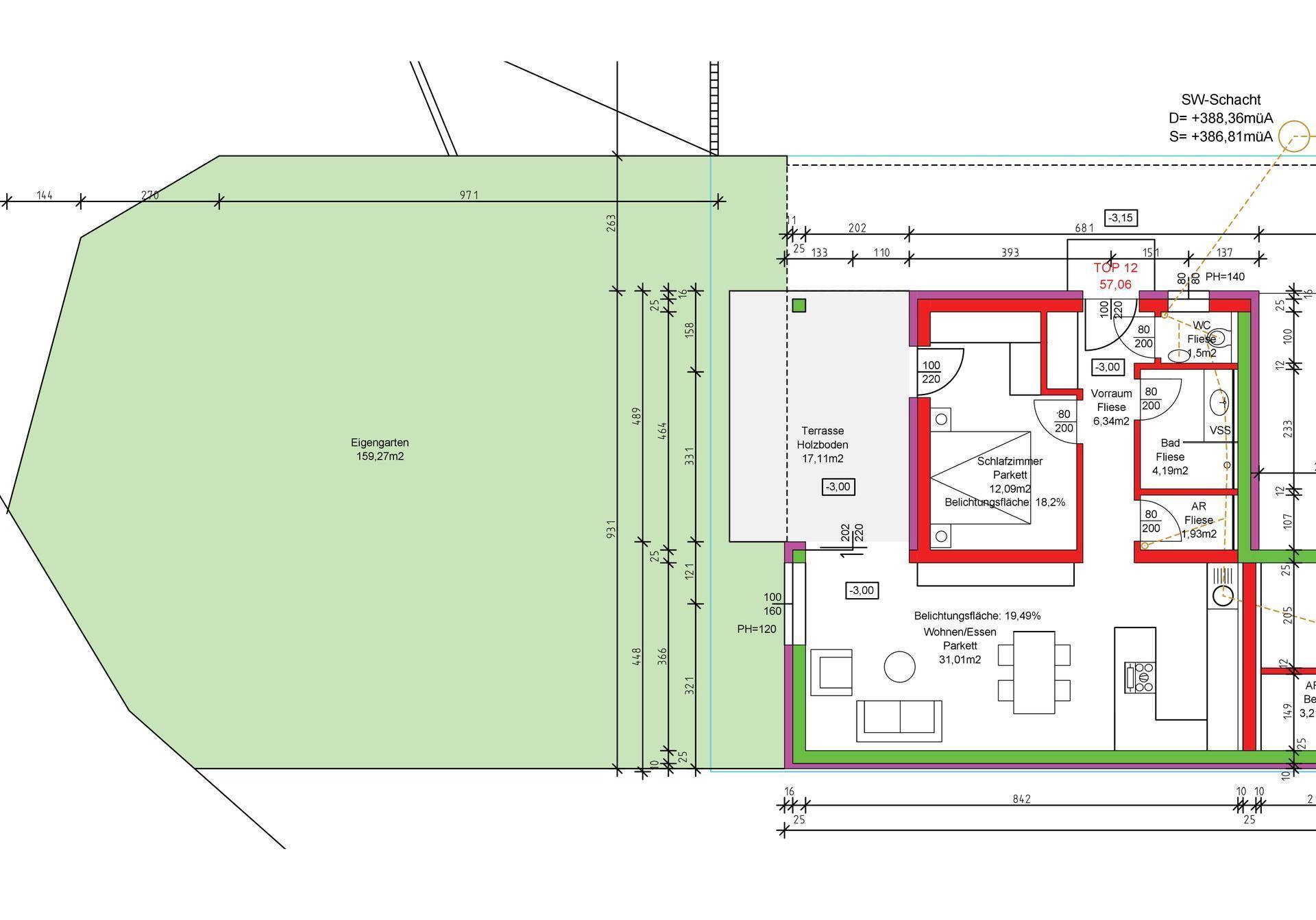 Grundriss einer Erdgeschosswohnung mit Terrasse, Garten und offenem Wohn-Essbereich.