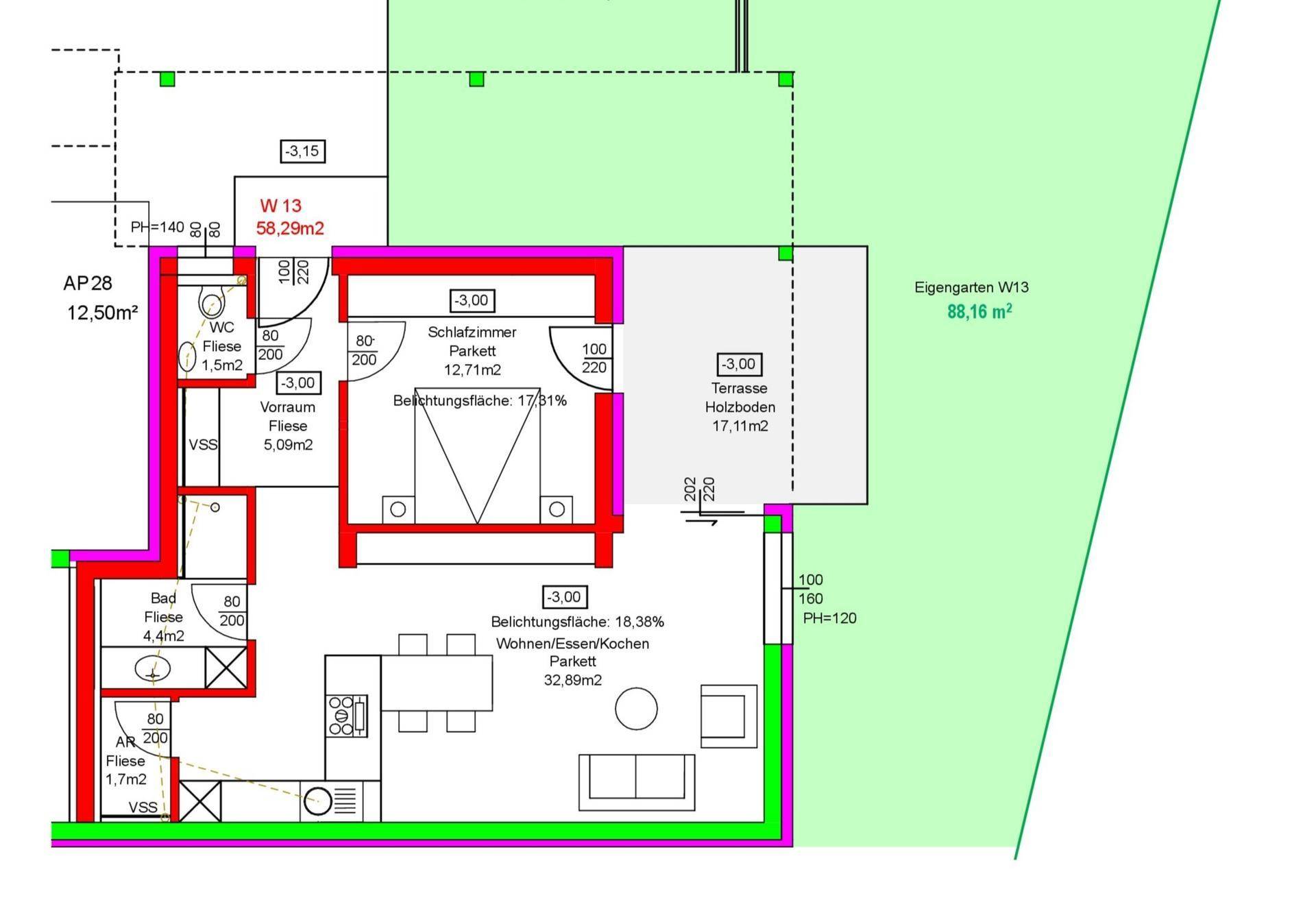 Grundriss einer Wohnung mit offenem Wohn-/Ess-/Kochbereich, einem Schlafzimmer, Bad, separatem WC, Terrasse und eigenem Garten.