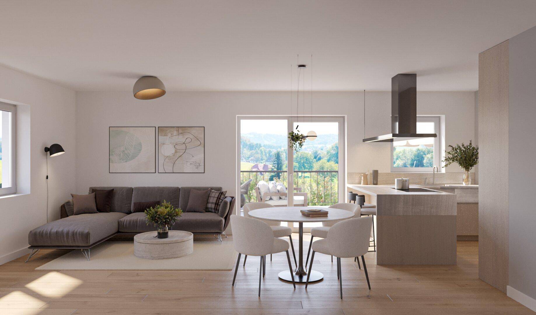 Heller, offener Wohn-Essbereich mit moderner Küche, Holzboden und Zugang zum Balkon mit Weitblick.