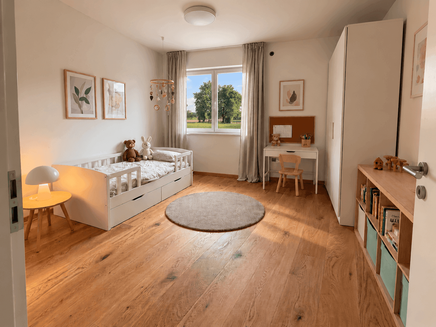 Helles Kinderzimmer mit Holzboden, Einzelbett, Schreibtisch und Blick ins Grüne.