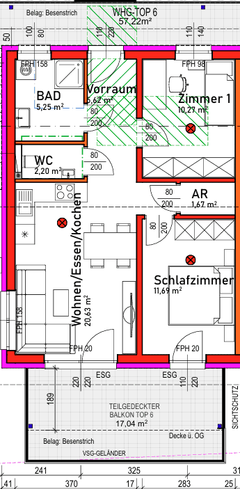 Grundriss einer Wohnung mit offenem Wohn-/Ess-/Kochbereich und großem Balkon.