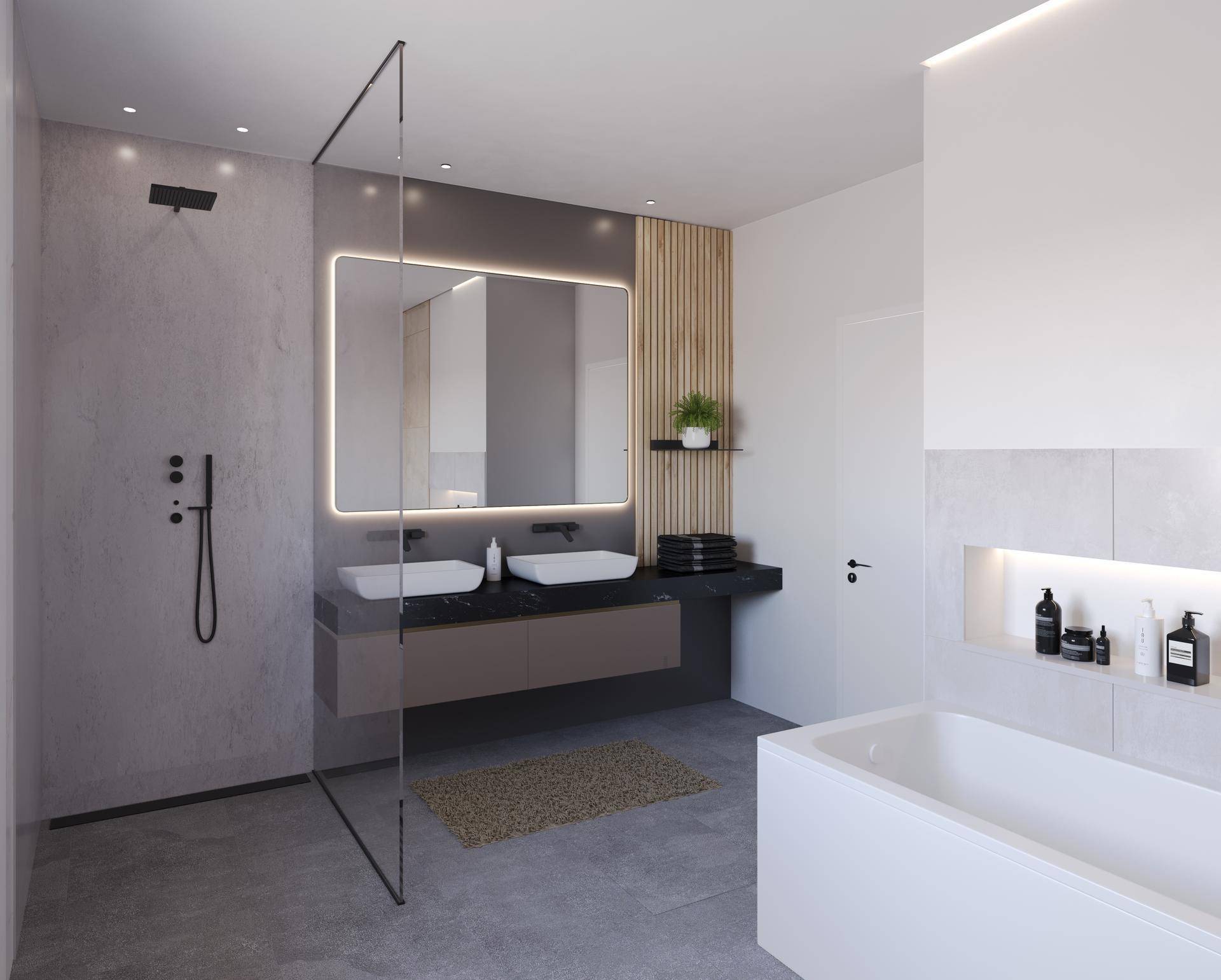 Modernes Badezimmer mit Doppelwaschbecken, begehbarer Dusche und integrierter Badewanne.