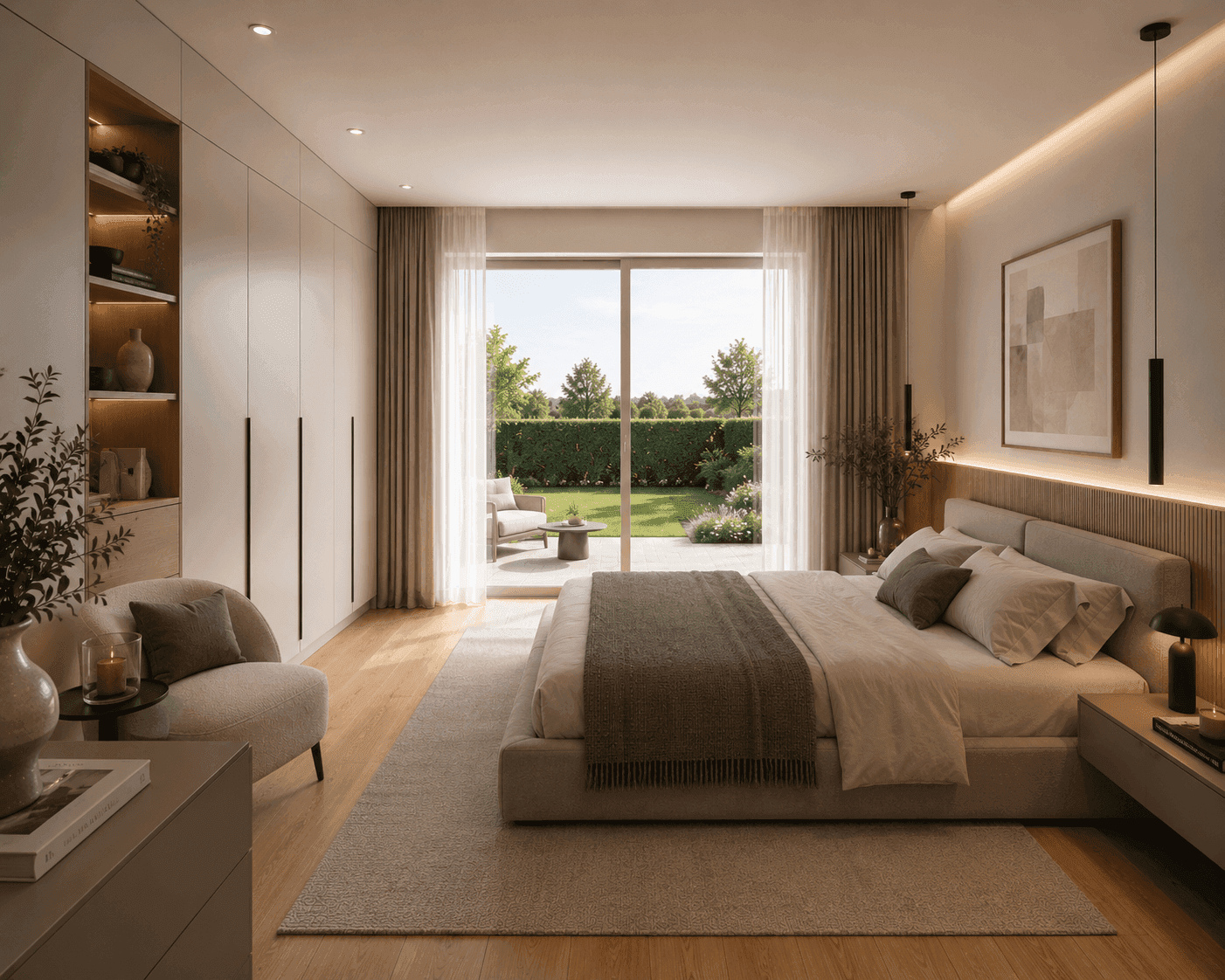 Helles Schlafzimmer mit großem Bett, Einbauschränken und direktem Zugang zum grünen Garten.