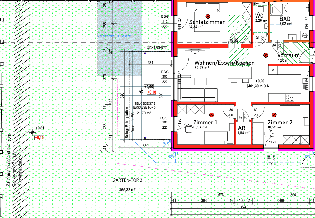 Detaillierter Grundriss mit offenem Wohn-/Ess-/Kochbereich, Schlafzimmern und großer Terrasse.