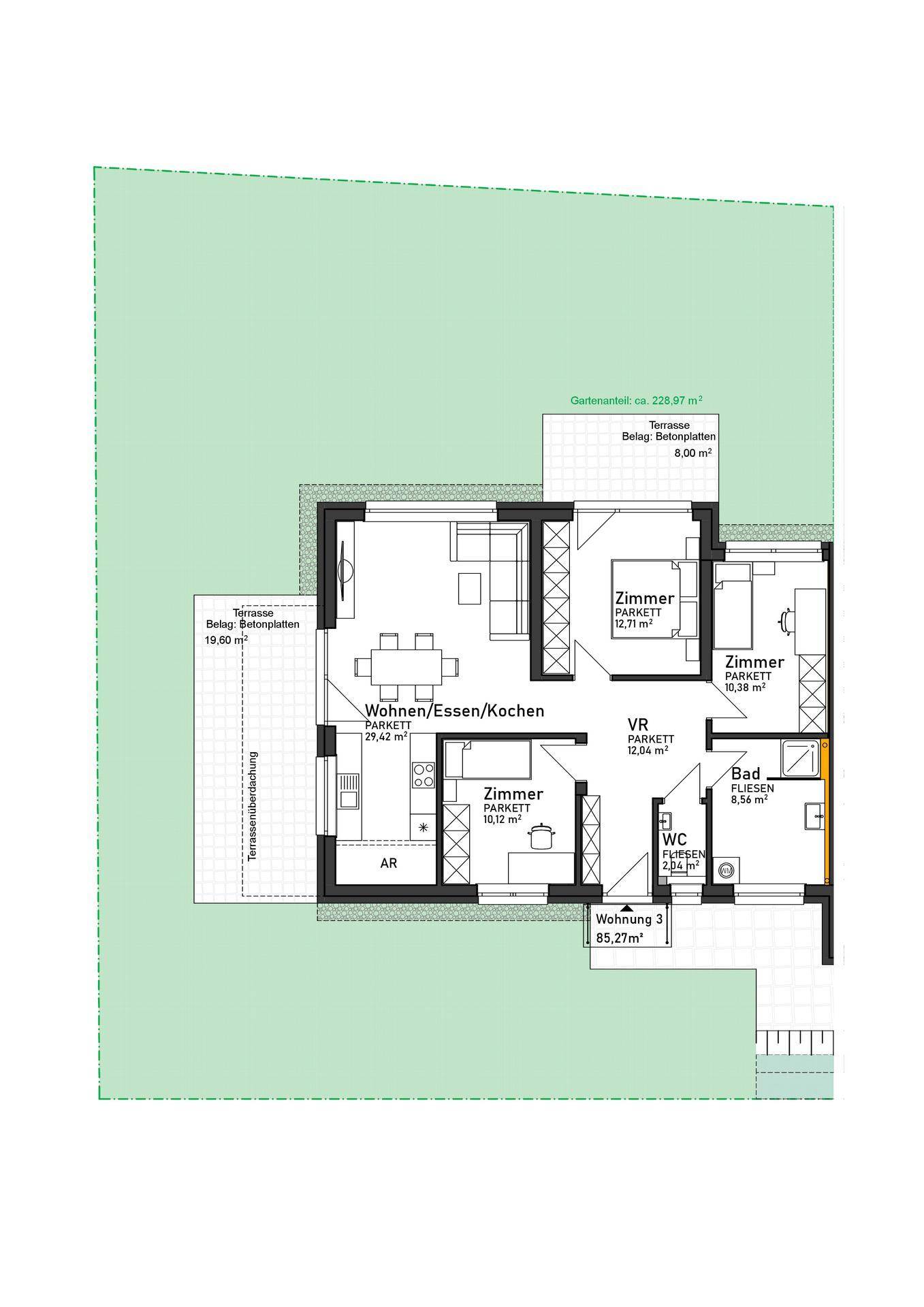 Grundriss der Wohnung 3 mit offenem Wohn-/Ess-/Kochbereich und zwei Terrassen.