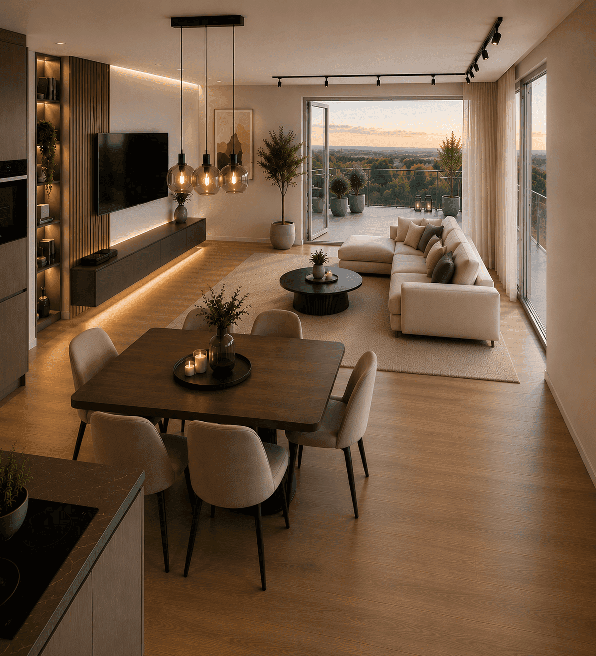 Moderner offener Wohn- und Essbereich mit Holzboden, Zugang zur Terrasse und weitem Ausblick.