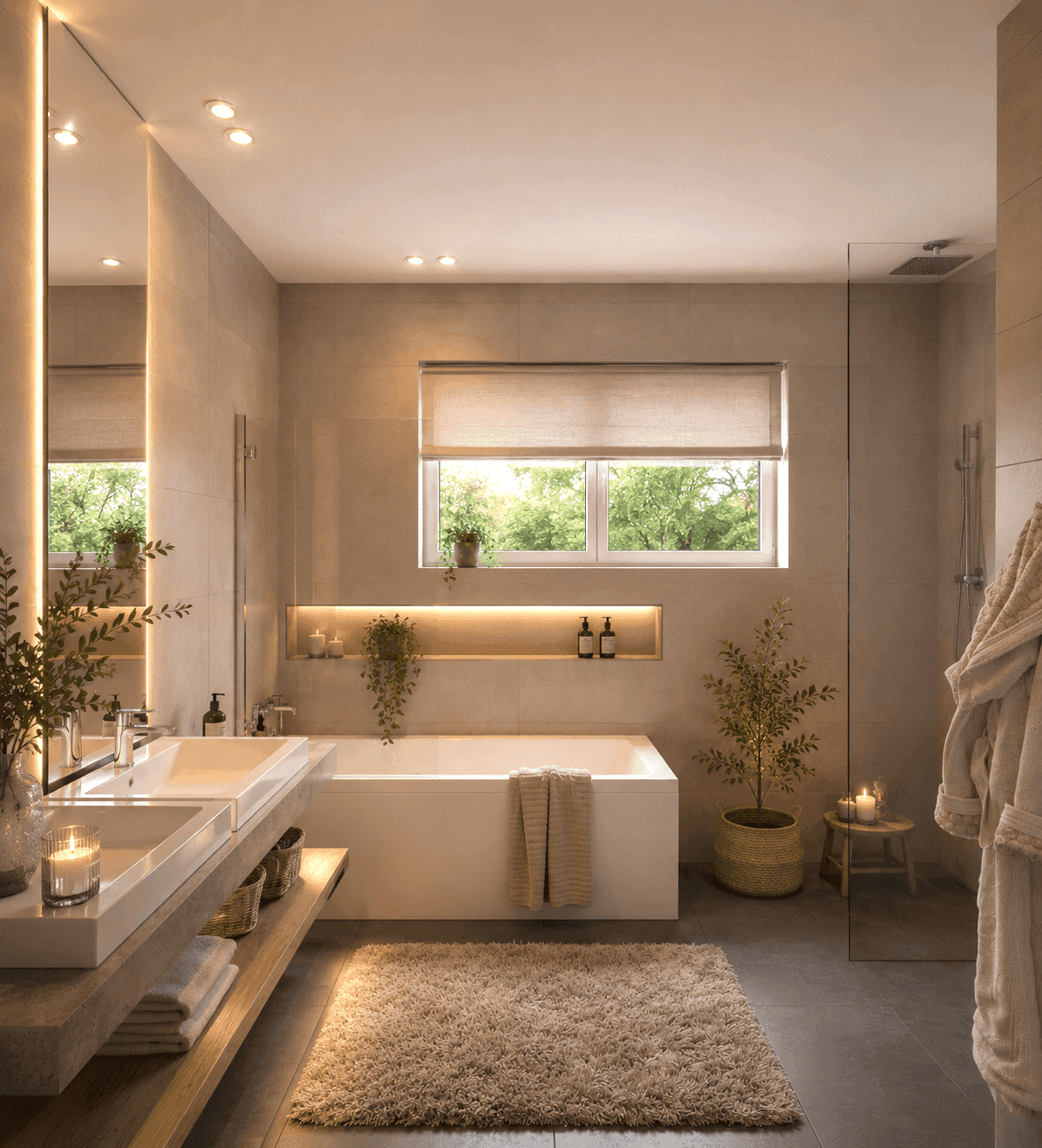 Modernes Badezimmer mit Badewanne, begehbarer Dusche, Doppelwaschbecken und Fenster.