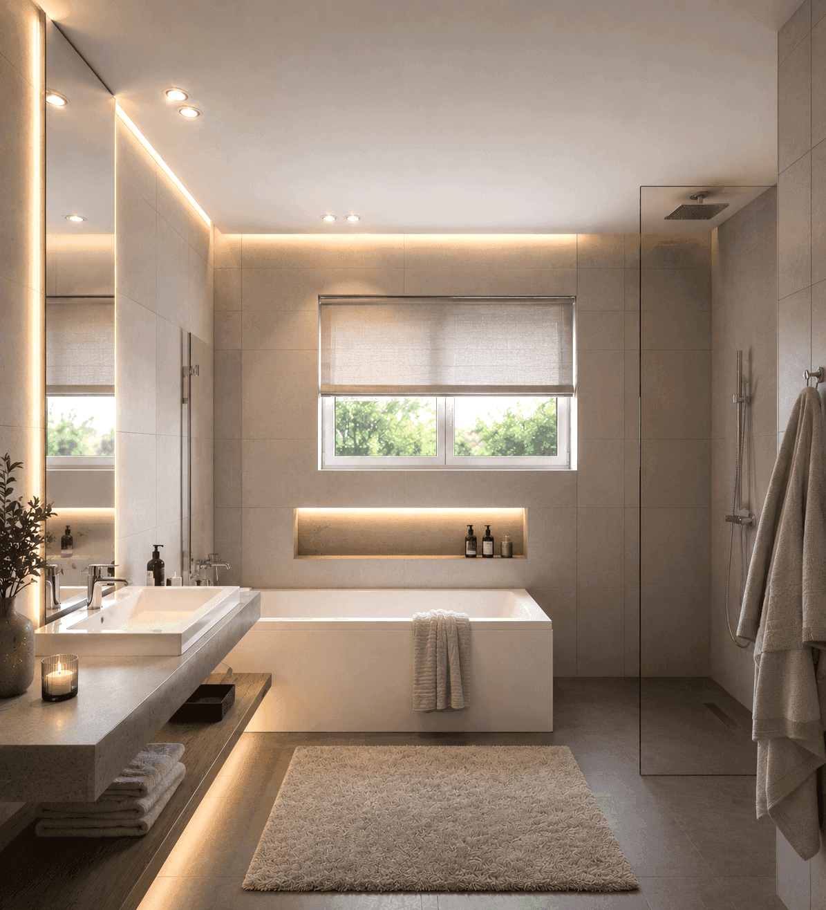 Modernes Badezimmer mit Badewanne, begehbarer Dusche, Doppelwaschbecken und Fenster.