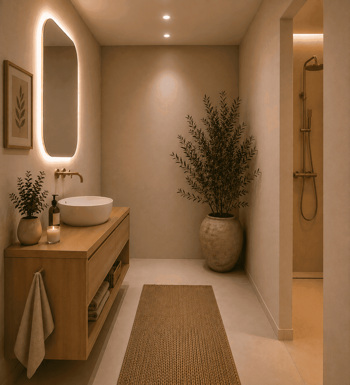 Modernes Badezimmer mit schwebendem Waschtisch, beleuchtetem Spiegel und ebenerdiger Dusche.