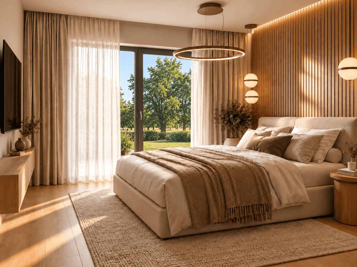 Gemütliches Schlafzimmer mit Holzwandverkleidung, großem Bett und bodentiefen Fenstern zum Garten.