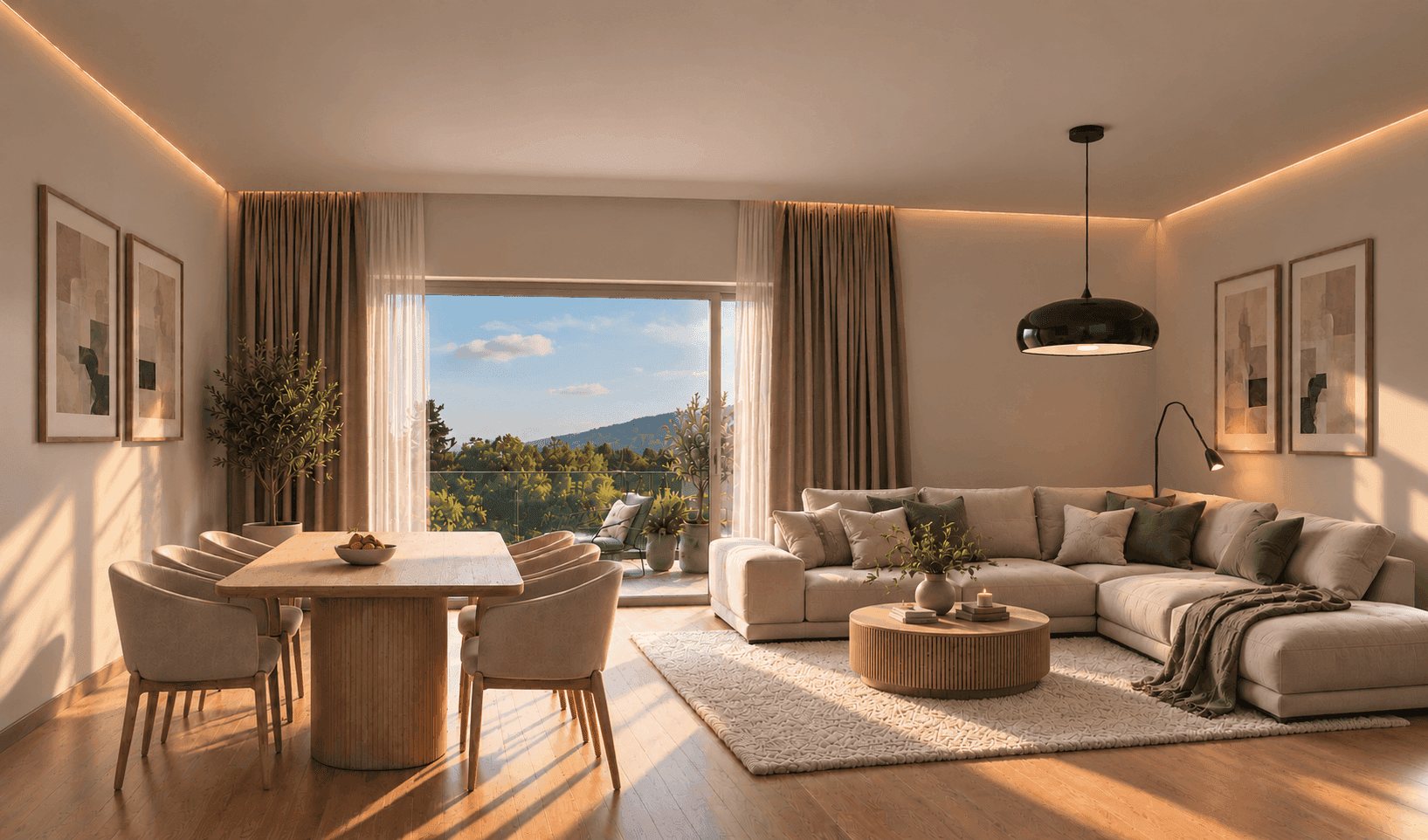 Heller, offener Wohn-Essbereich mit Holzboden, bequemer Sitzecke und Zugang zum Balkon.