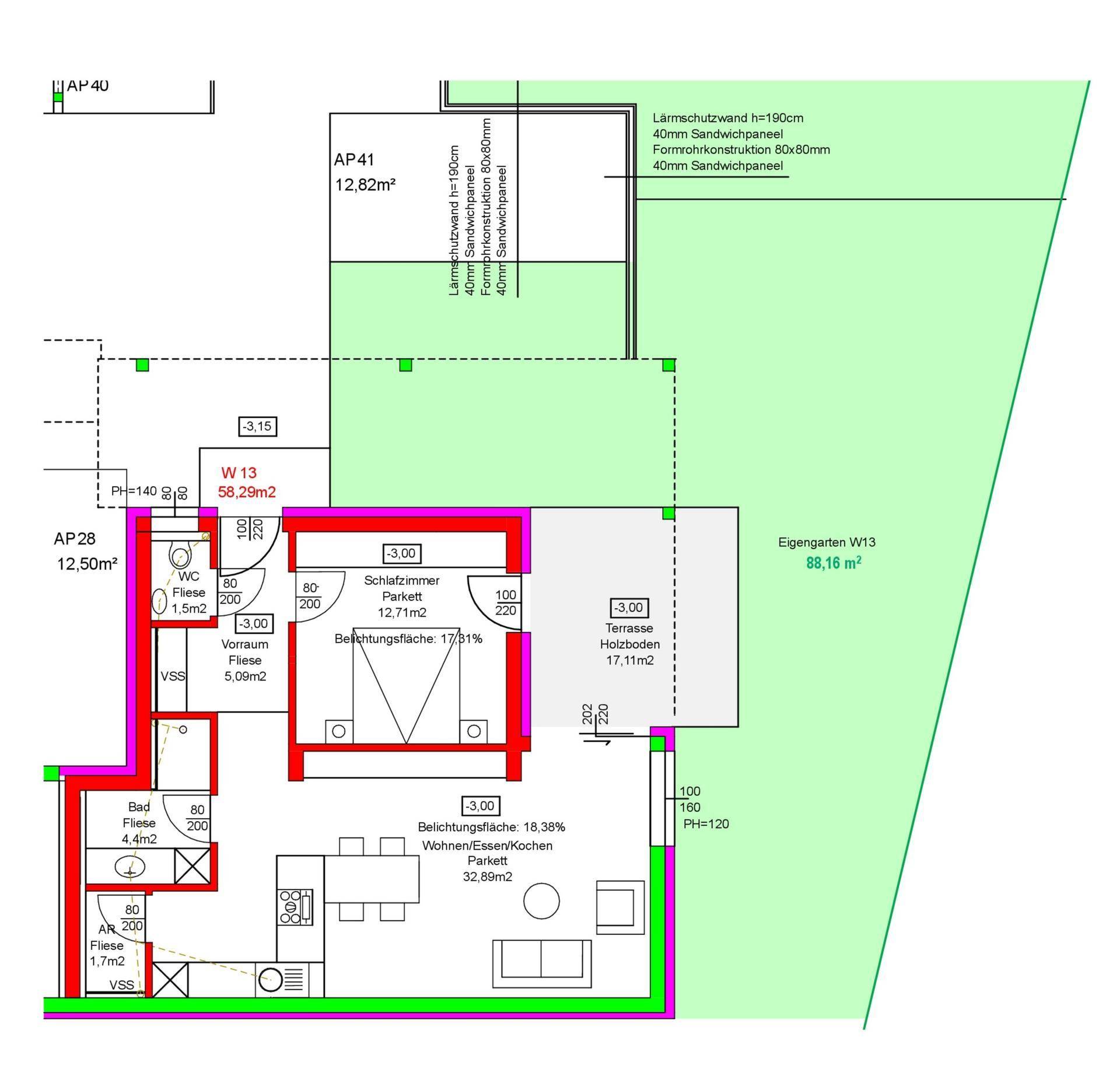 Grundriss einer Gartenwohnung mit offenem Wohn-/Kochbereich, Schlafzimmer und Terrasse.