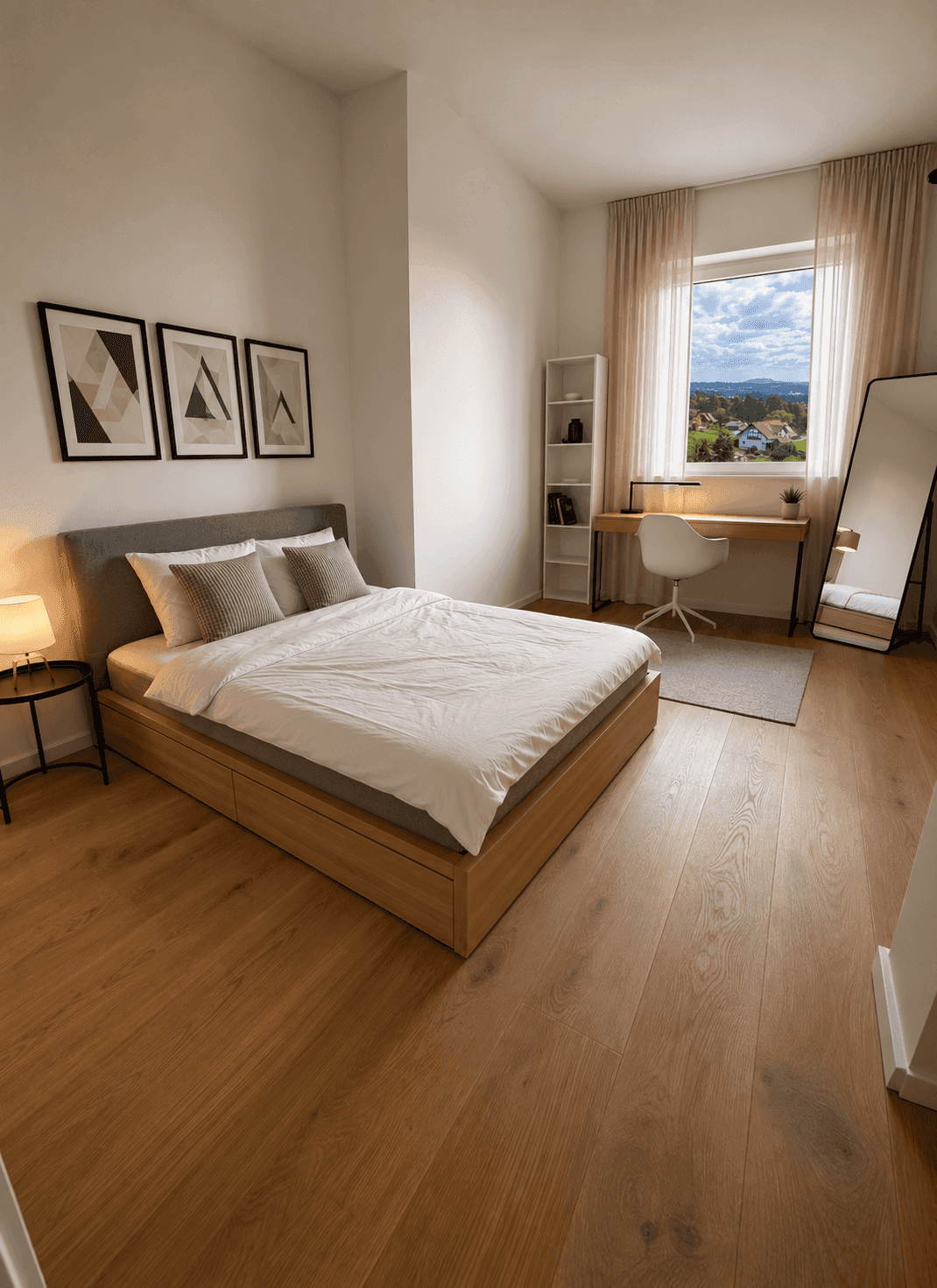 Helles Schlafzimmer mit Holzboden, Schreibtisch und Blick ins Grüne.