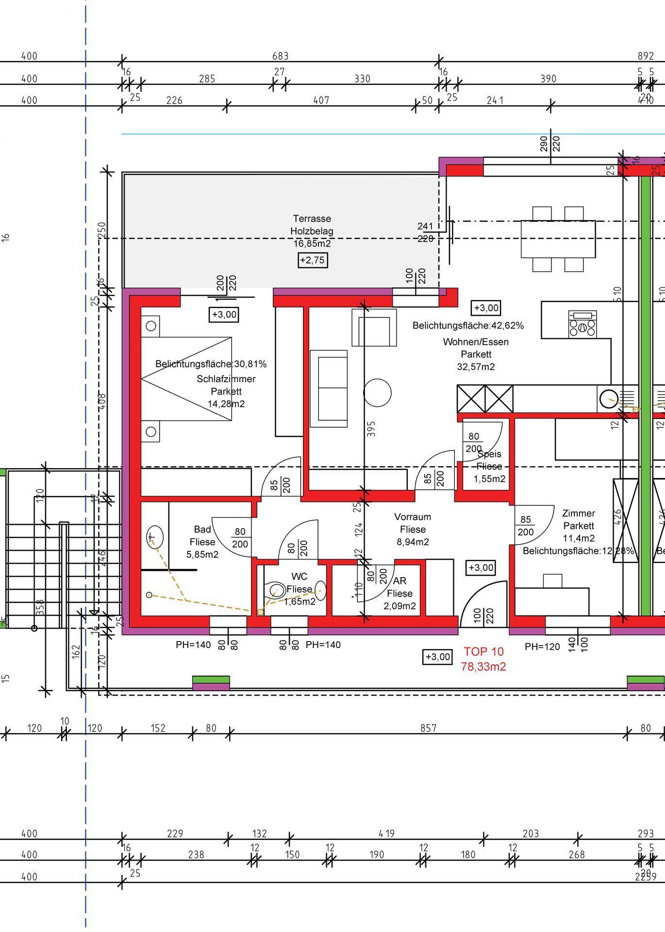 Detaillierter Grundriss einer Wohnung mit Terrasse, Schlafzimmer und offenem Wohn-/Essbereich.