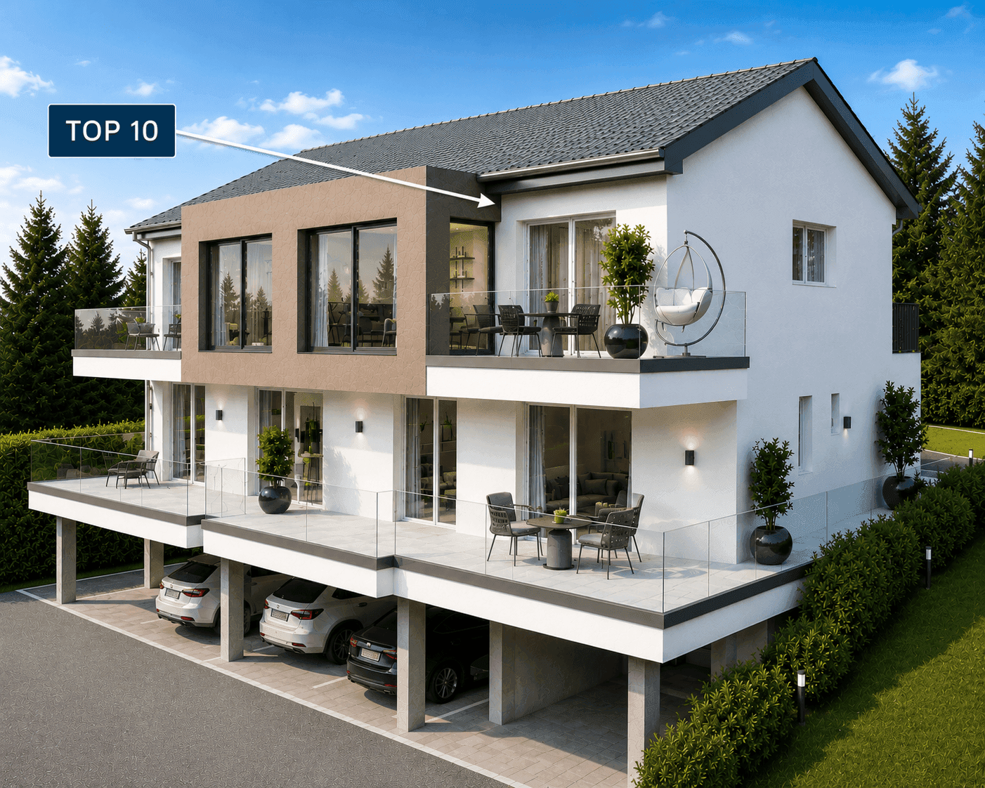 Moderne Architektur eines Mehrfamilienhauses mit Balkonen, großen Fenstern und Tiefgaragenstellplätzen.