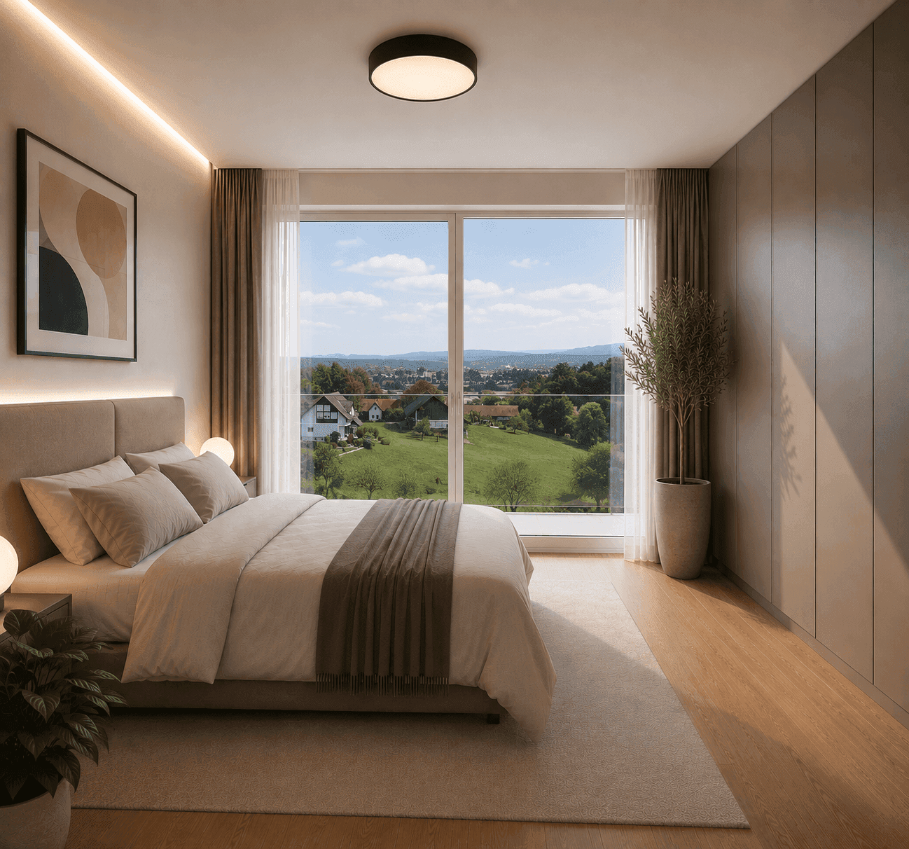Helles Schlafzimmer mit großem Fenster, Holzboden und weitem Blick ins Grüne.