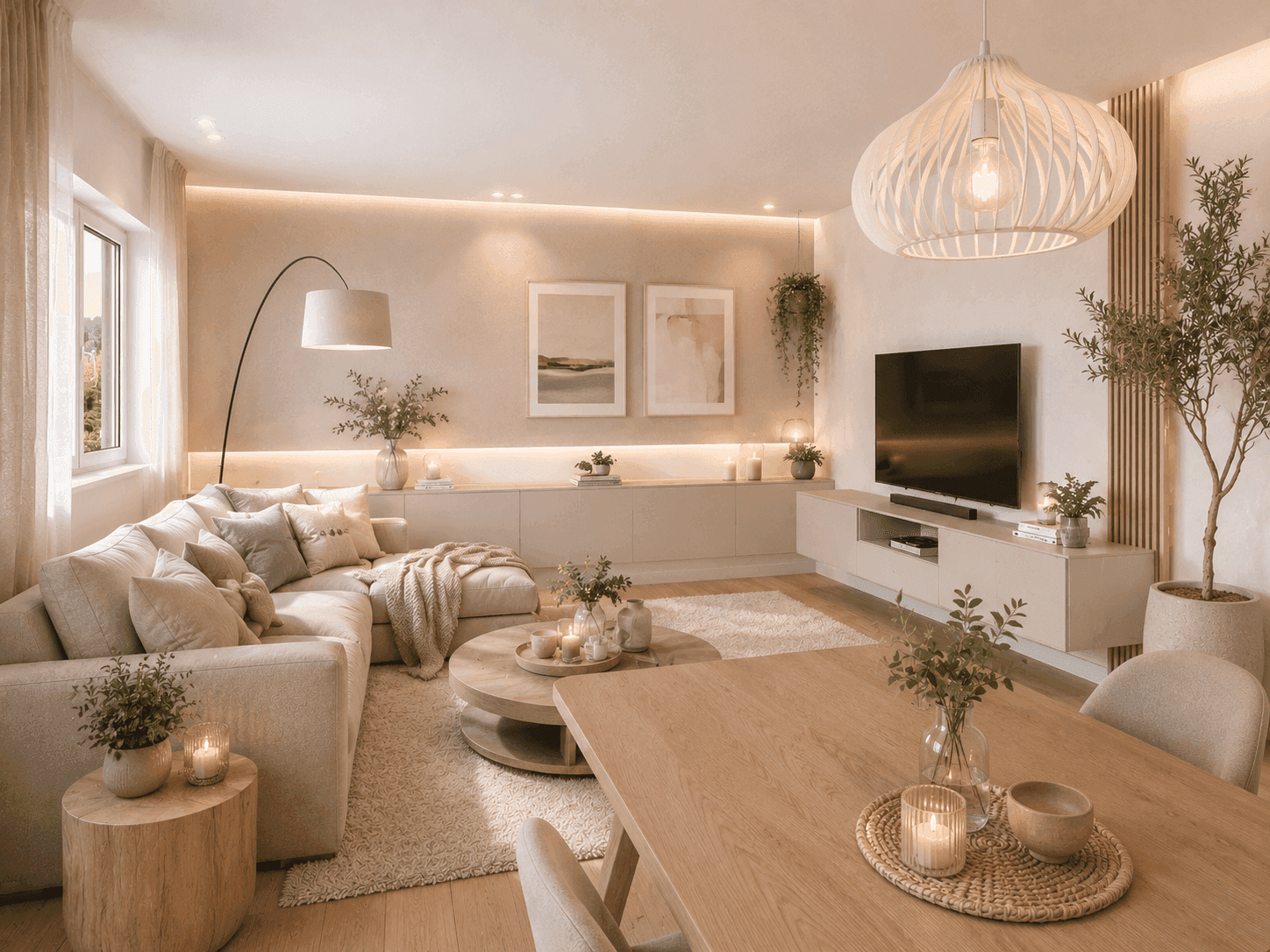 Heller Wohn- und Essbereich mit beigem Ecksofa, Holztisch und moderner Dekoration.