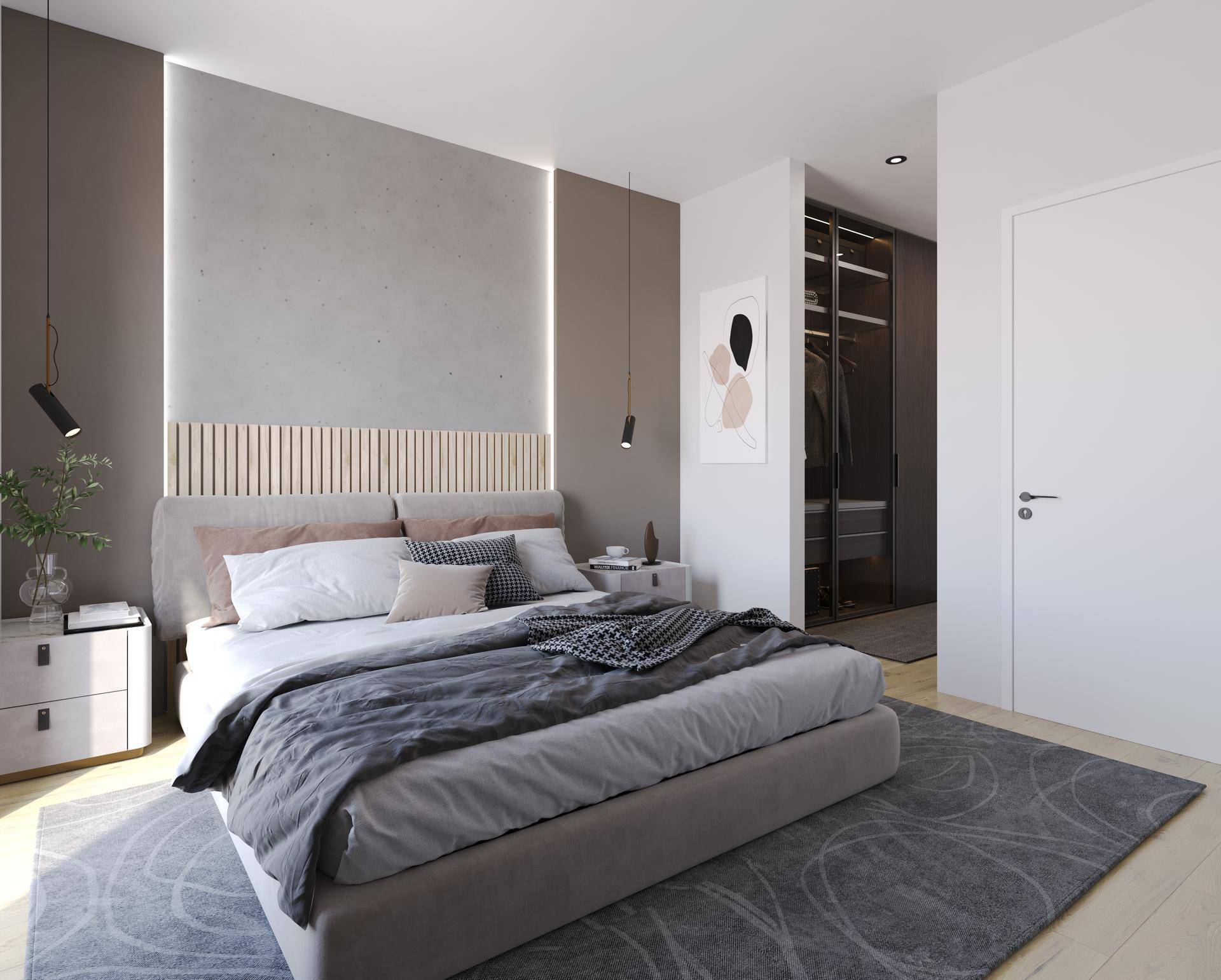 Modernes Schlafzimmer mit großem Bett, stilvoller Einrichtung und integriertem begehbarem Kleiderschrank.