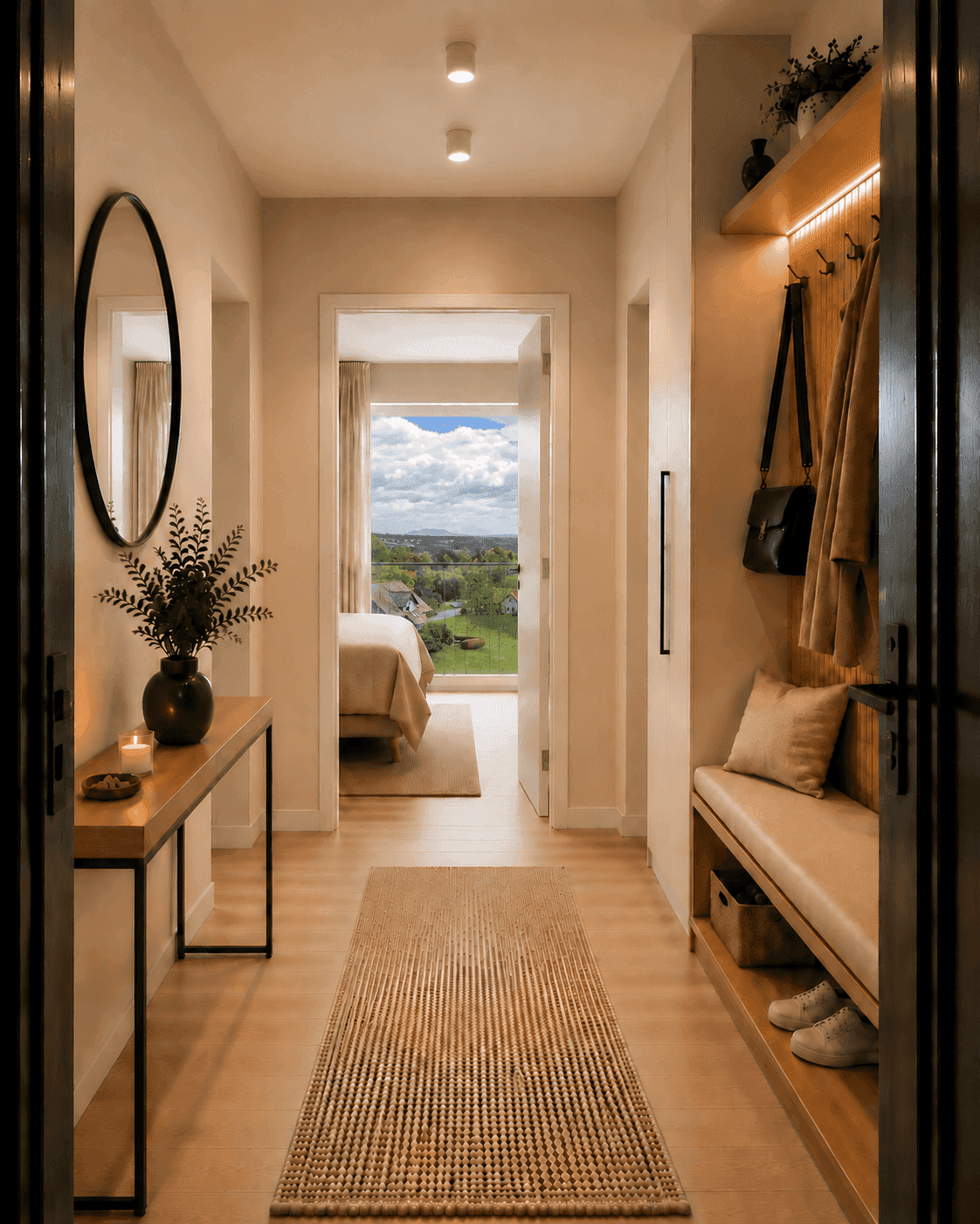 Moderner Flur mit Holzboden, Garderobe und Blick in ein helles Schlafzimmer.
