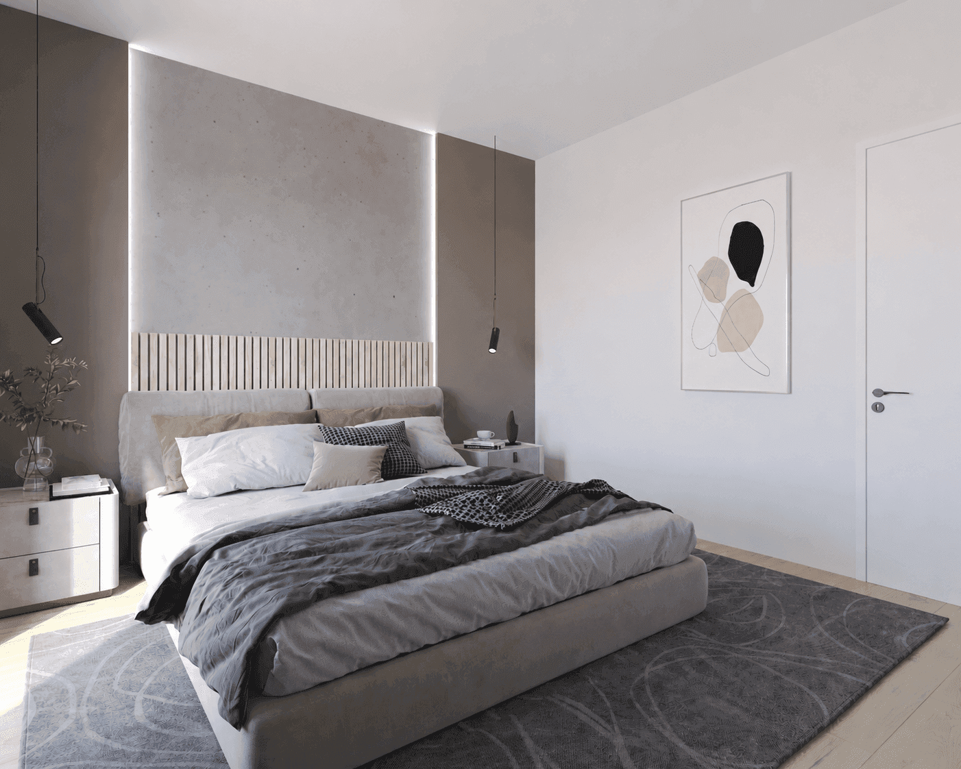 Helles Schlafzimmer mit modernem Design, großem Bett und Zugang zu einem begehbaren Kleiderschrank.