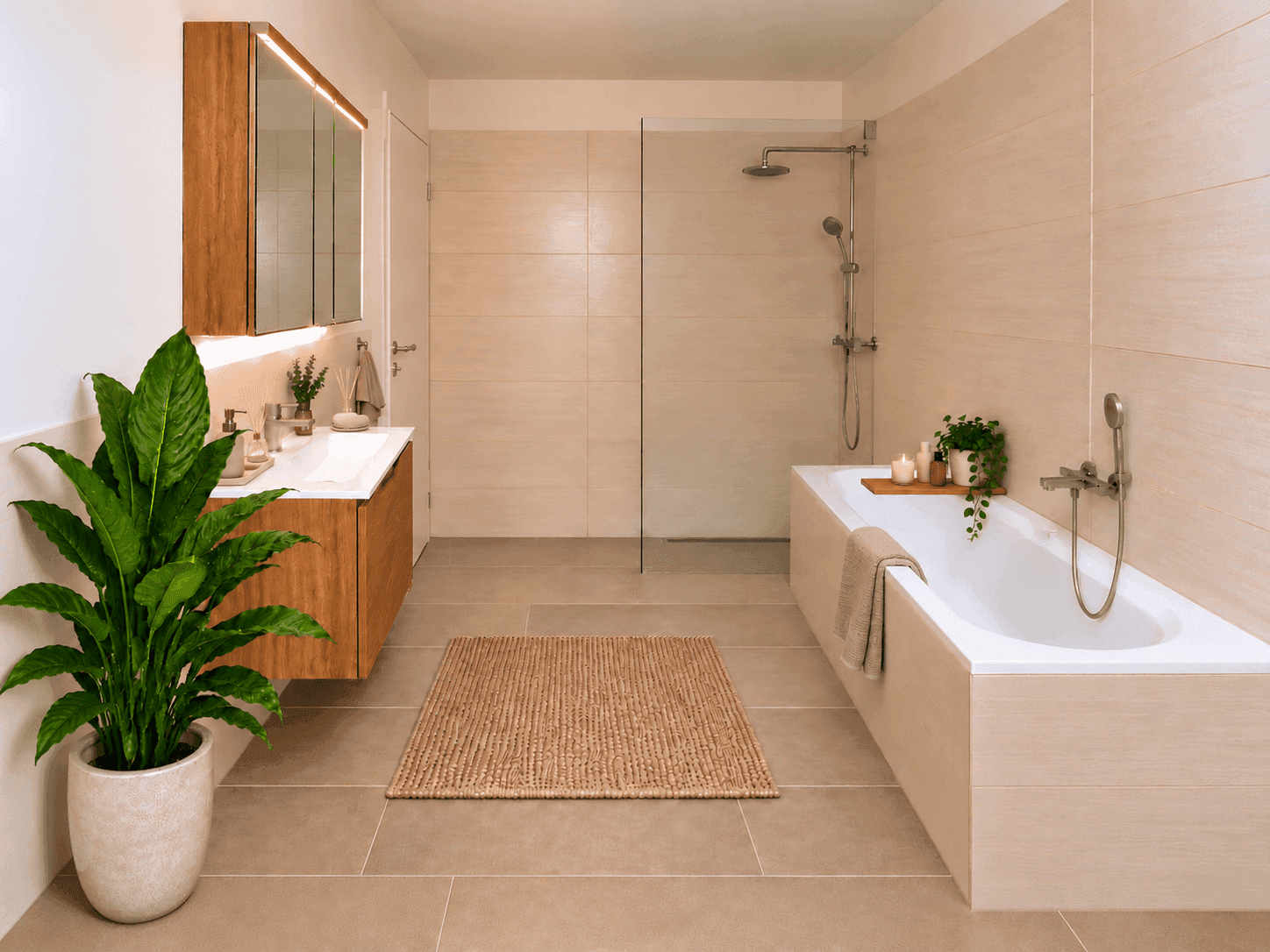 Modernes Badezimmer mit Badewanne, begehbarer Dusche, Holzwaschtisch und großen Fliesen.