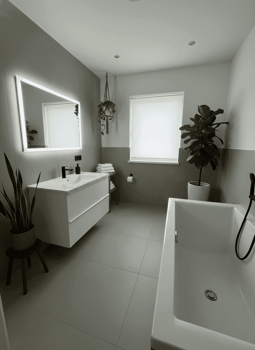 Modernes Badezimmer in Grautönen mit Badewanne, Waschtisch und beleuchtetem Spiegelschrank.