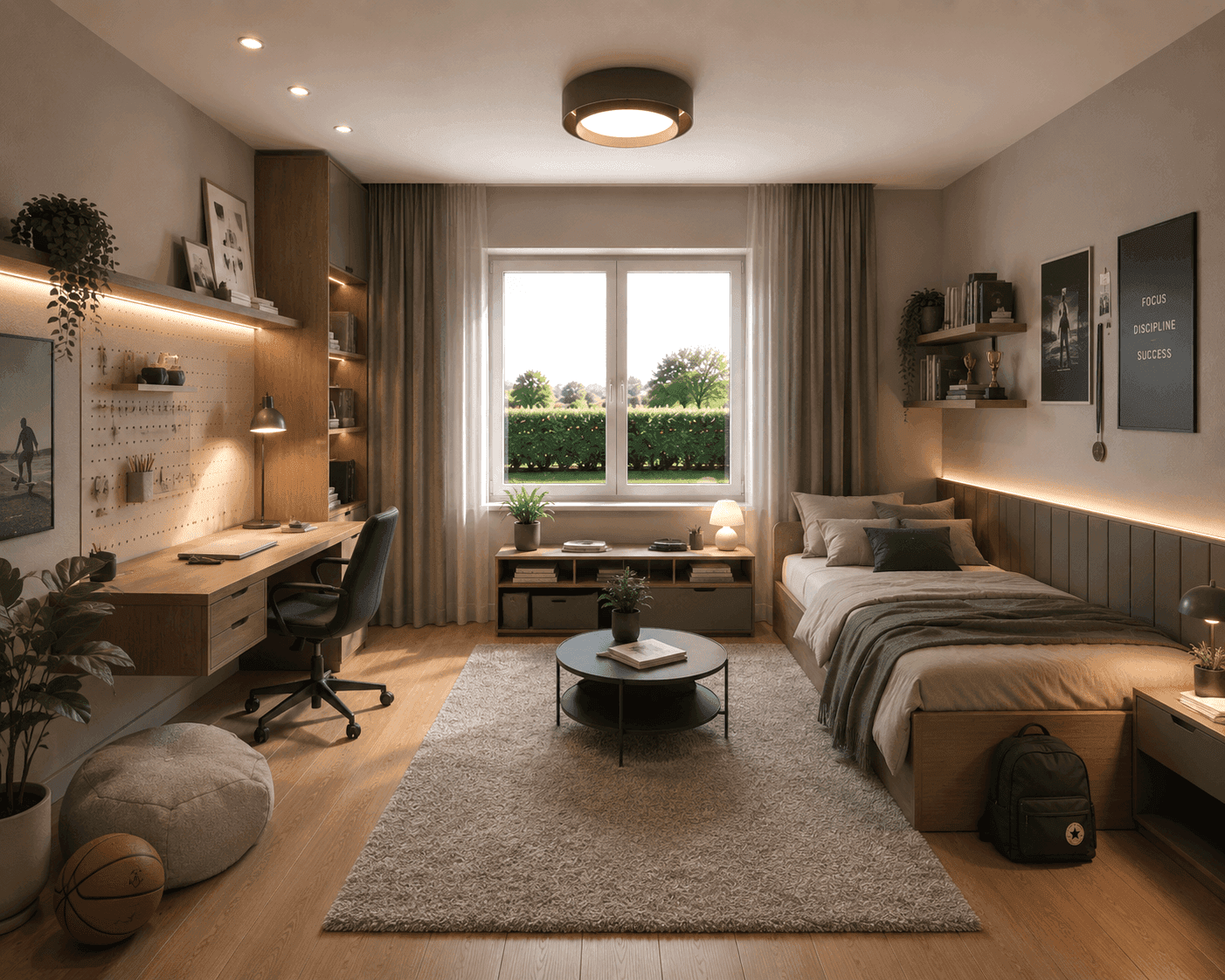 Modernes Jugendzimmer mit Schreibtisch, Einzelbett, Holzboden und Blick ins Grüne.